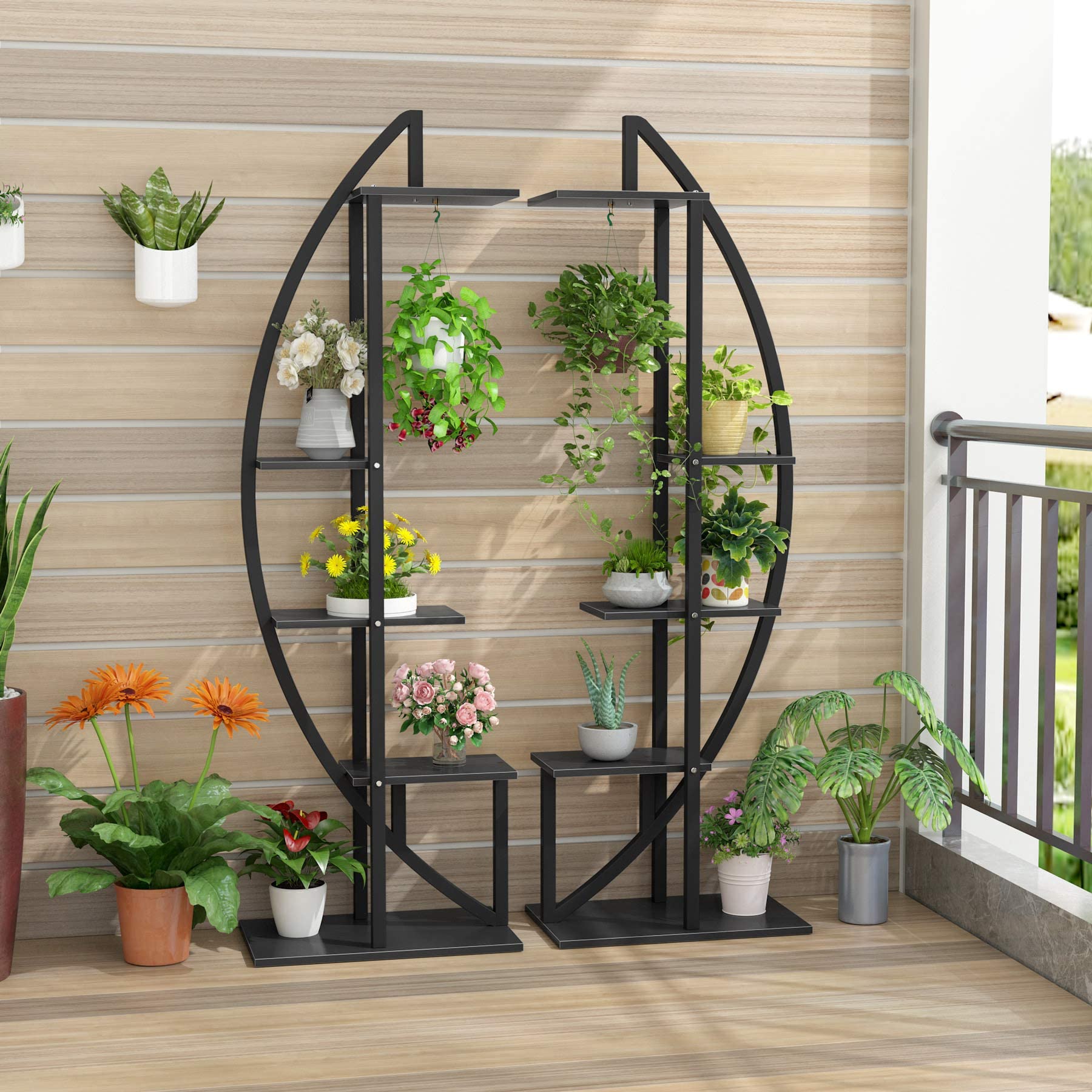 Tribesigns Blumenständer, 2 Stück Pflanzenregal mit 5 Ebenen und 2 Haken, 160cm Hoch Pflanzenständer Metall Blumenregal für Indoor Balkon Boden Blumentreppe Wohzimmer (Mattschwarz)