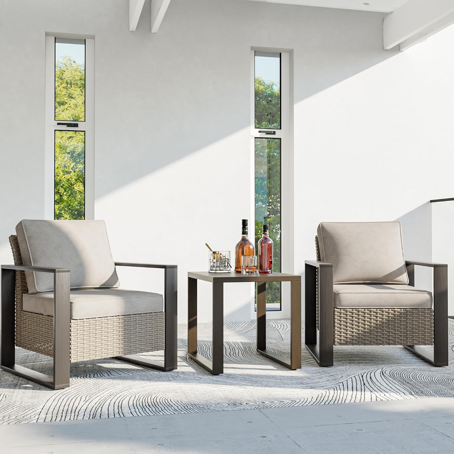 3 Piece Patio Chair Set, Outdoor Wicker Chair and Side Table, Metal Patio Furniture with Deep Seating, Thicken Cushions for Deck, Porch, Yard Use (Beige, 3 PCS/Chairs)