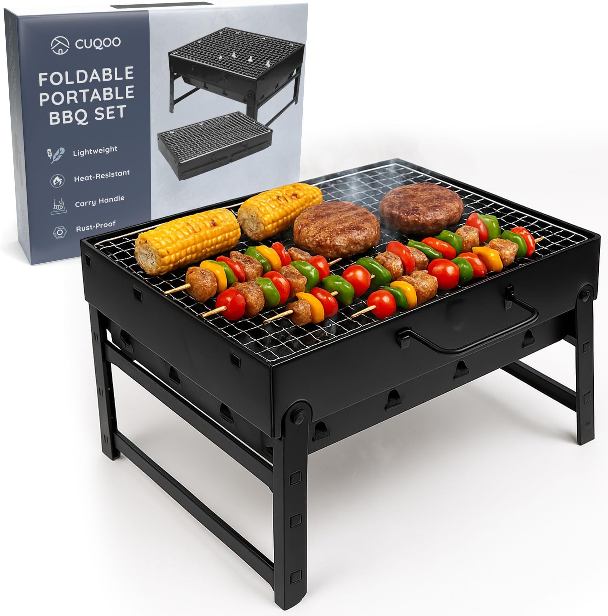 CUQOO Easy-to-use Portable BBQ Grill โ Foldable Barbeque Outdoor Travel | Charcoal Barbecue Perfect for Camping, Garden, Picnic Folding Camping Stainless Steel Smoker