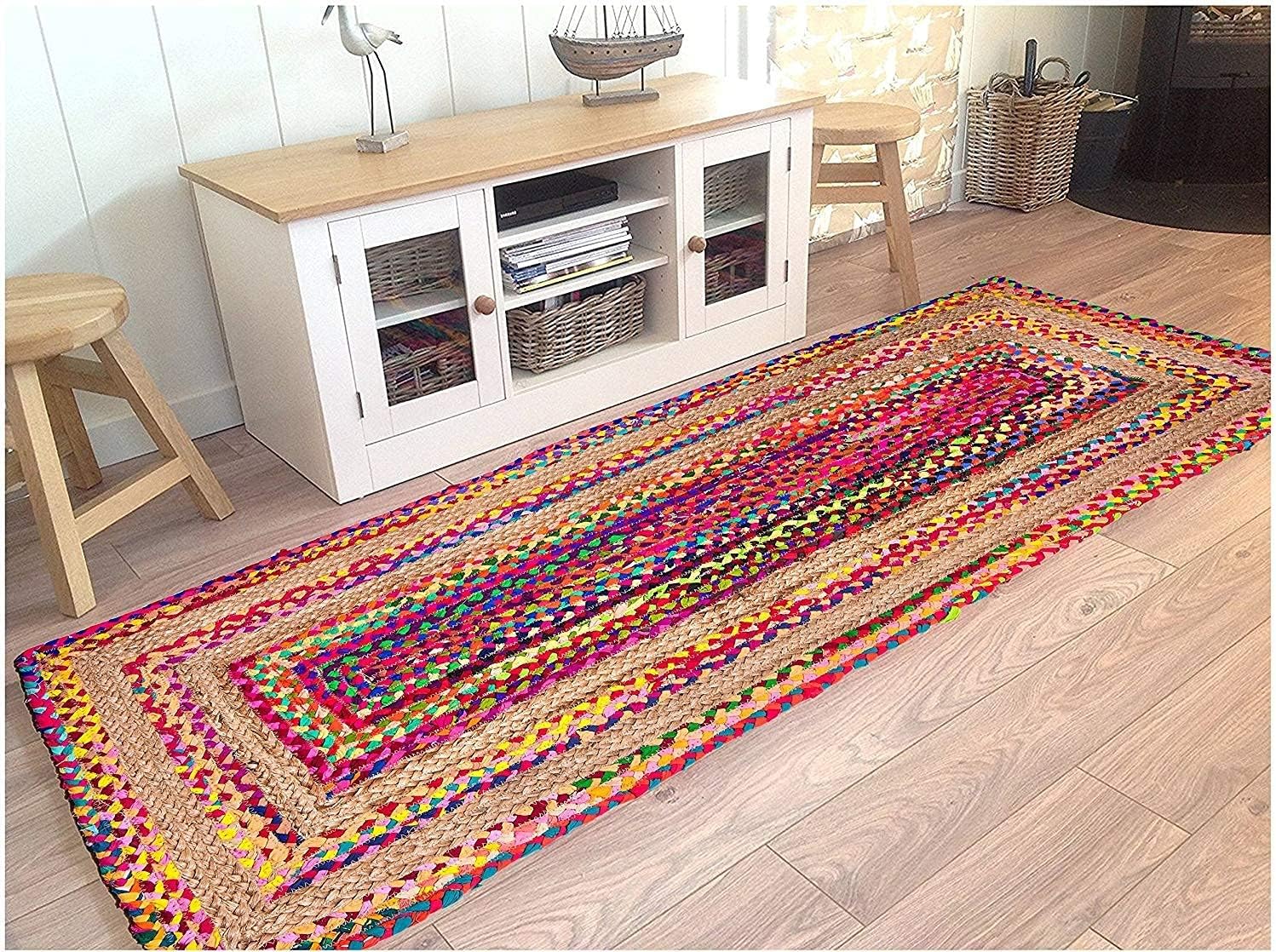 Solid;Plain Contemporary Rug (Multicolour, Jute, Chindi, 56 x 139 cm)