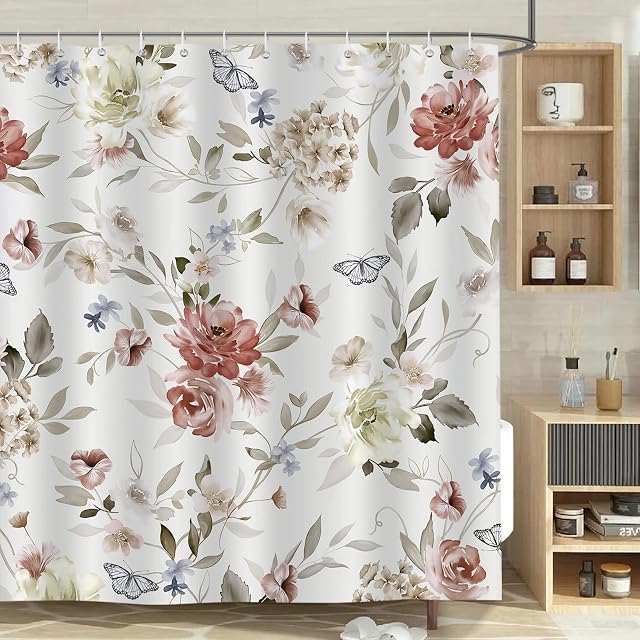 Bonhause Pink Floral Shower Curtain 180 x 180 cm Flower Plant Leaves Bathroom Curtain Waterproof Mildew & Mould Resistant Polyester Fabric Bath Curtain with 12 Hooks