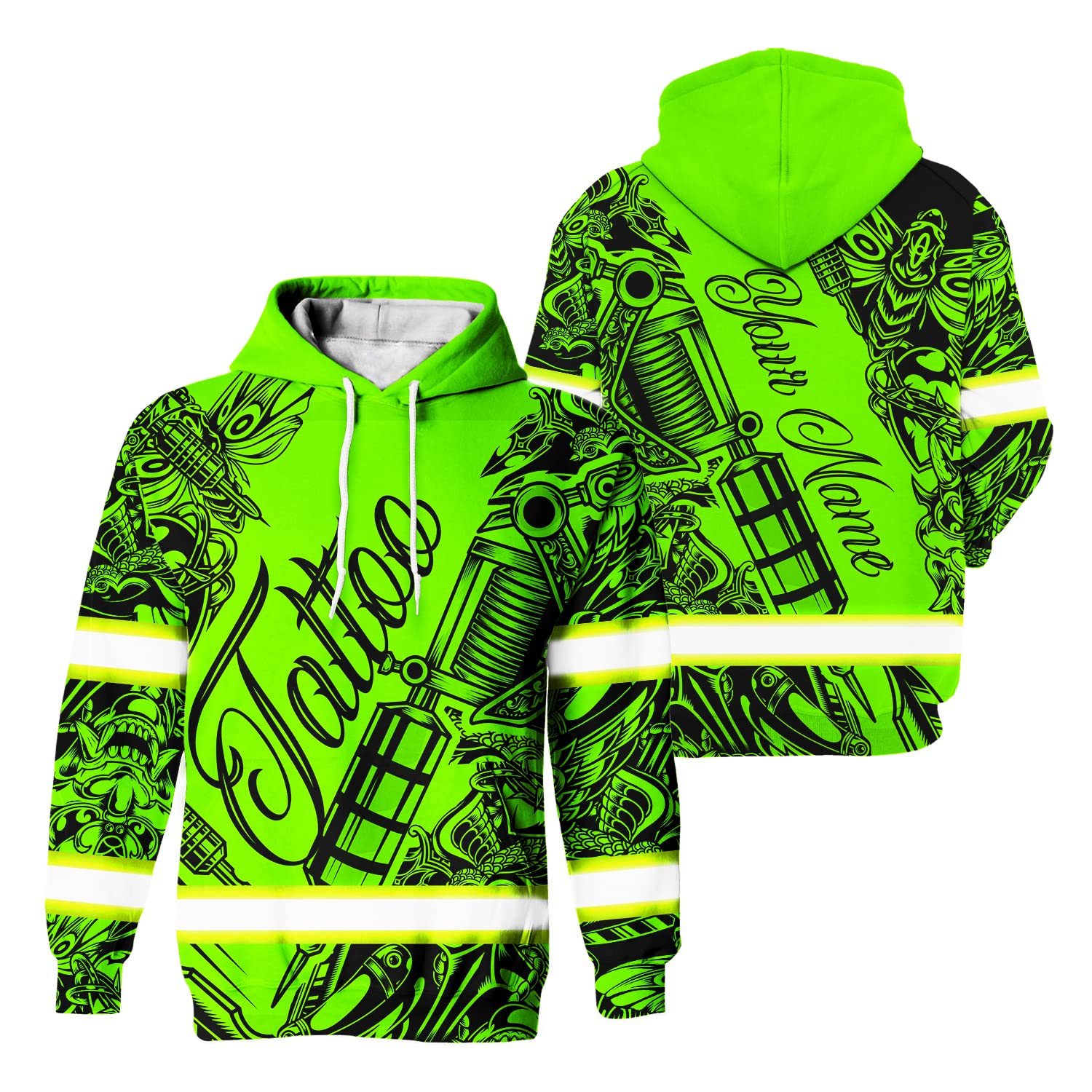 Matedecor Safety Hoodie Green Neon Tattoo Customize Name High Visibility Hoodie for Men Reflective Hoodie Hi Vis Hoodie Workwear for Runners, Walkers, Trucker, Operator, Patriotic-4XL