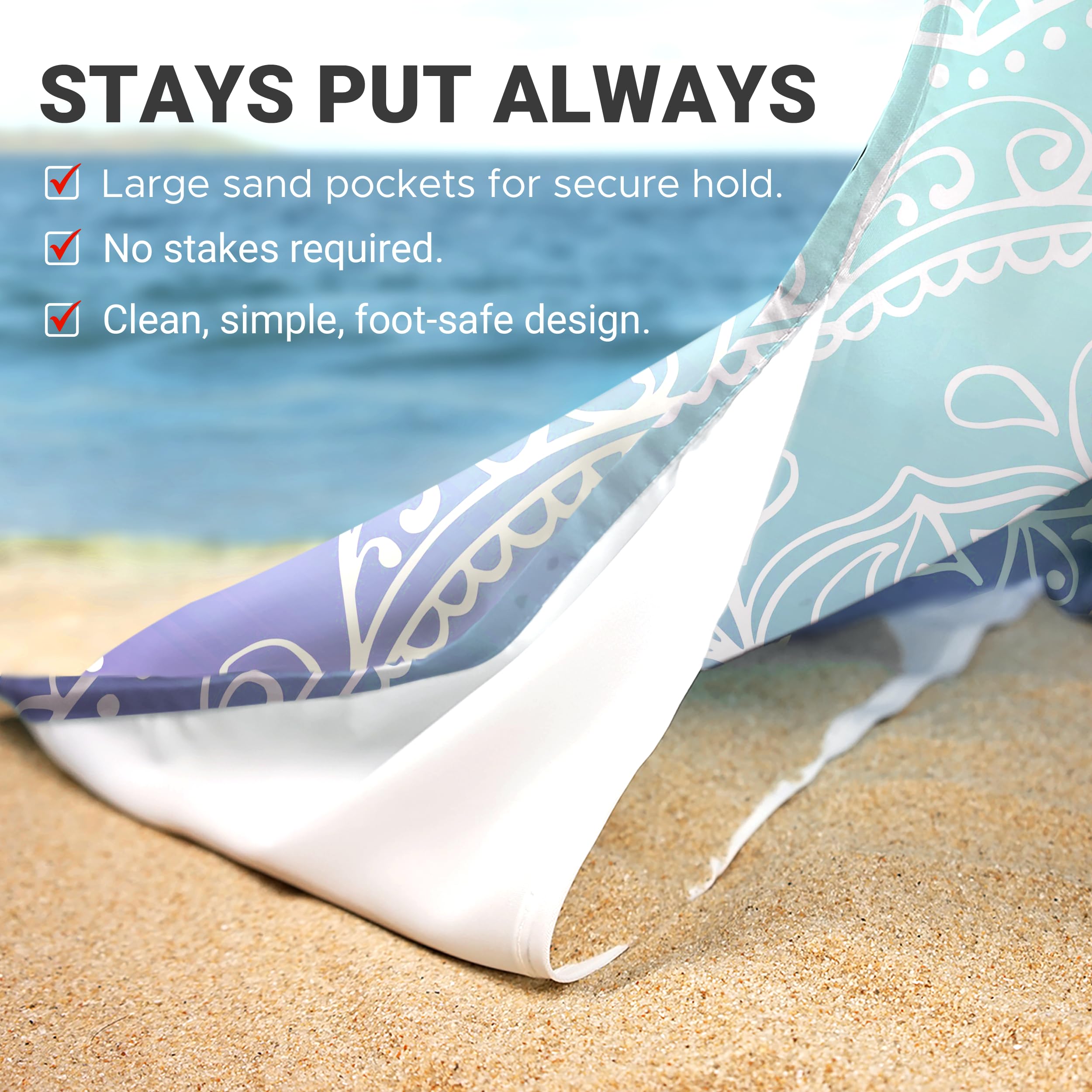 Sunlit Couverture de Plage Douce et Soyeuse de 269,2 x 205,7 cm, Tapis Anti-Sable avec Poches d'angle et Sac en Maille pour fête de Plage, Voyages, Camping et Festival de Musique en Plein air, Motif