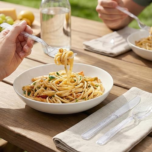 Miniatura 3 de Party Dimensions Caja combinada de cubiertos de plástico de 300 unidades, juego de cubiertos desechables de plástico transparente, 100 tenedores,