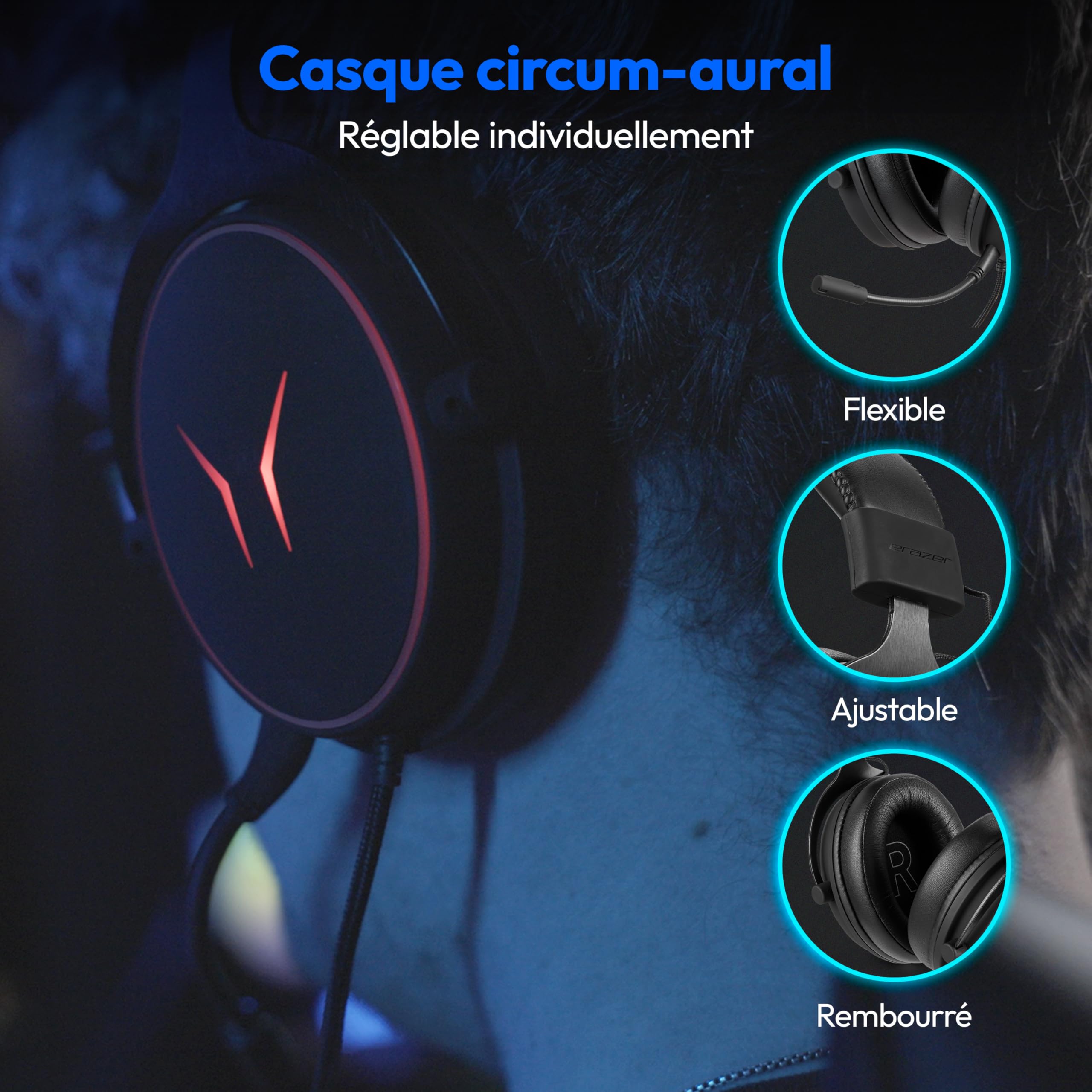 MEDION ERAZER Mage P20 Gaming Headset (câble de 240cm, Supra-auriculaire, Microphone Flexible & Amovible, télécommande, éclairage RGB, Audio 3,5mm, USB, ES9260Q Soundchip)