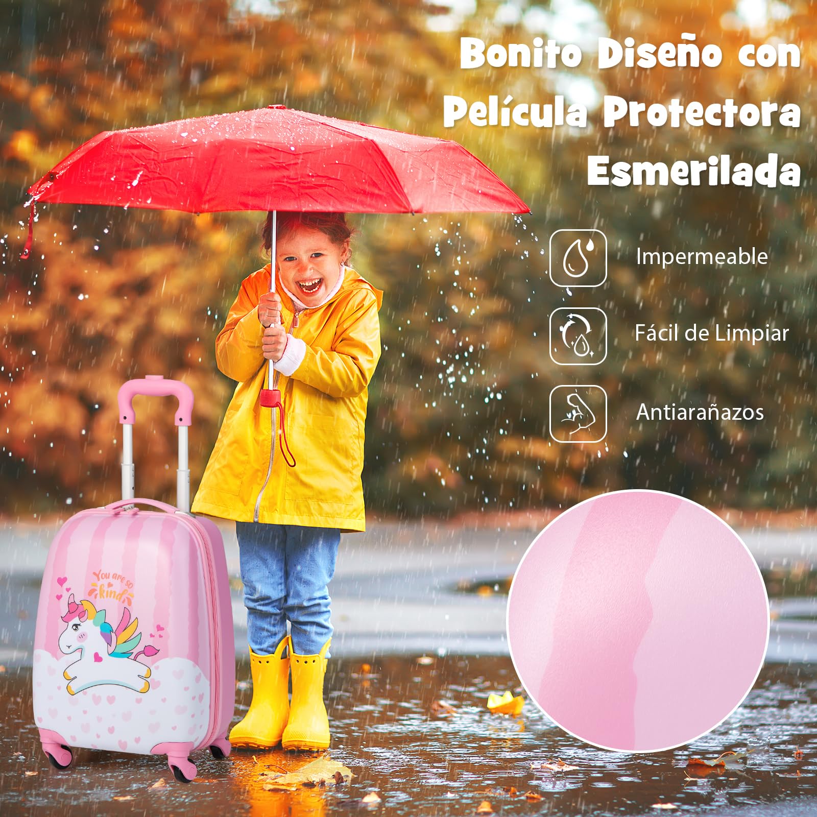 COSTWAY Maleta Infantil Niños, Equipaje de Viaje con Mochila, Equipaje Infantil con Ruedas Universales y Mango Ajustable, Juego de Mochila y Maleta Cabina Trolley (Patrón Unicornio)