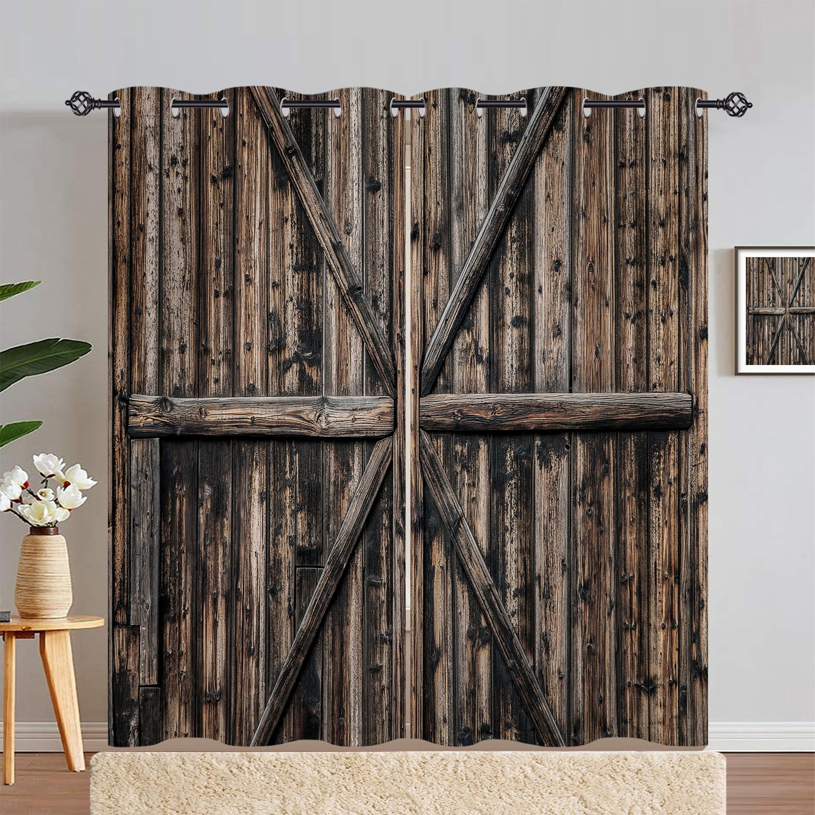 ANHOPE Wooden Barn Door Curtains Eyelet 80% Blackout Room Darkening Curtains Rustic Farmhouse Vintage Gate Print Pattern Light Blocking Window Drapes for Bedroom Living Room 55 x 84 Inch Drop 2 Panels