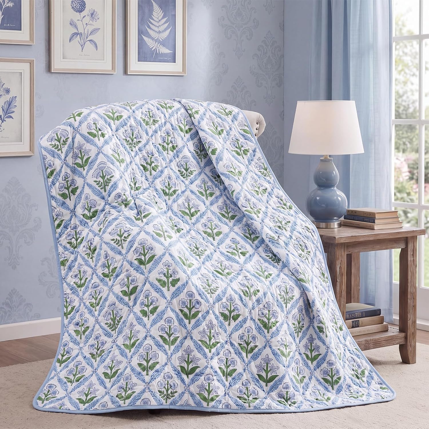 Vintage Blue Floral Quilted Throw Blanket 50"x60", Soft Coverlet