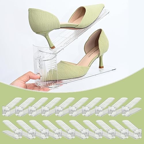 Organizador de ranuras transparentes para zapatos, paquete de 20 apiladores de zapatos ajustables y almacenamiento de zapatos que ahorra espacio