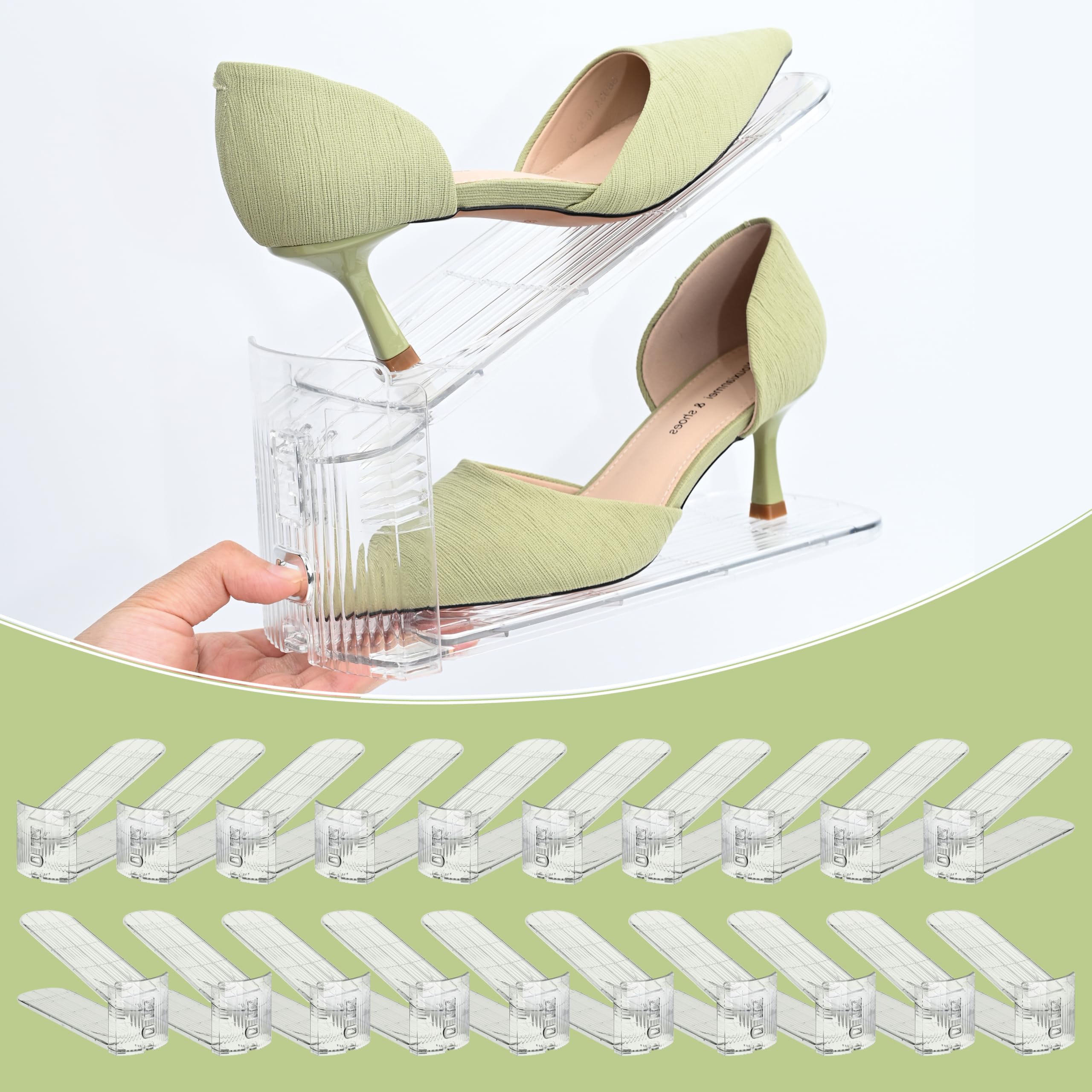 Shoe Slots Organizer 20 Pack - Shoe Stacker,3 Levels Adjustable,Space Savers 50%,Double Layer Holders for Closet (Transparent),Organizador de Zapatos