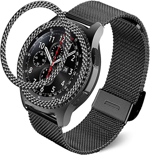 Correa compatible con Samsung Gear S3 FrontierClassicGalaxy Watch de 1.81 pulgadas, correa de malla de acero inoxidable de 0.86 pulgadas con bisel