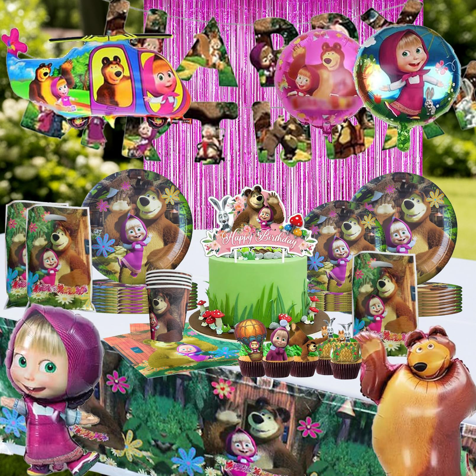 93 Pezzi Ragazza e Orso Stoviglie per Feste di Compleanno | Addobbi Compleanno Ragazza e Orso，Tovaglia, Piatti di Carta，Adatto a 10 persone