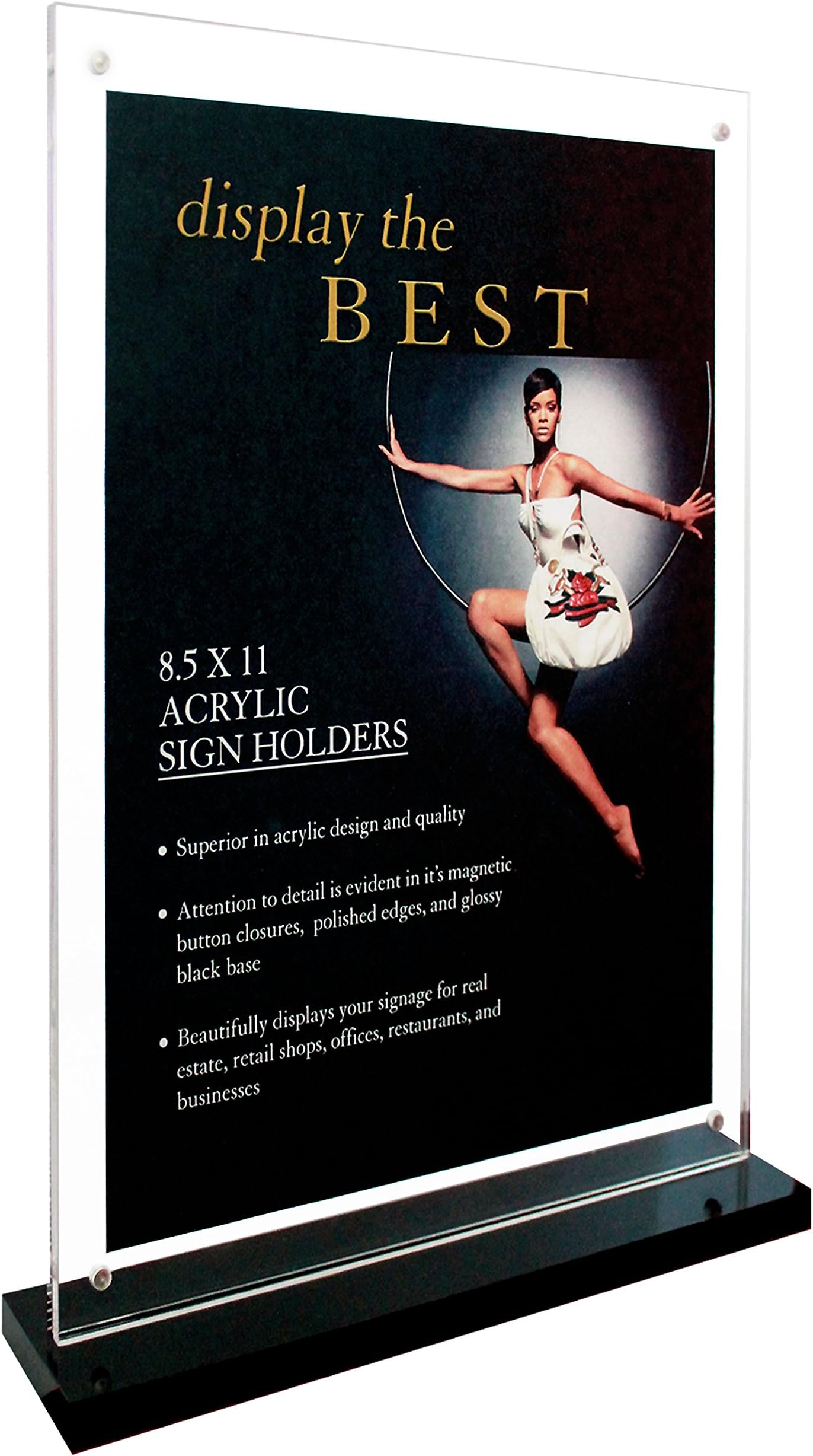 Deluxe Acrylic Sign Holder Magnet Button Closures, Black - 8.5 x 11 Inches
