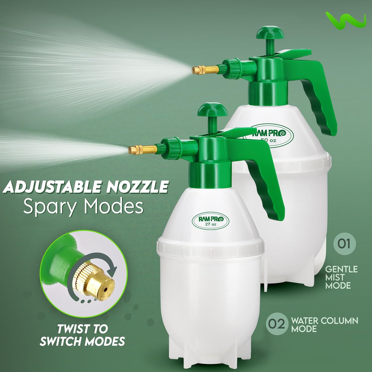 Two RamPro sprayers demonstrating adjustable nozzle and spray modes: Gentle Mist Mode and Water Column Mode.