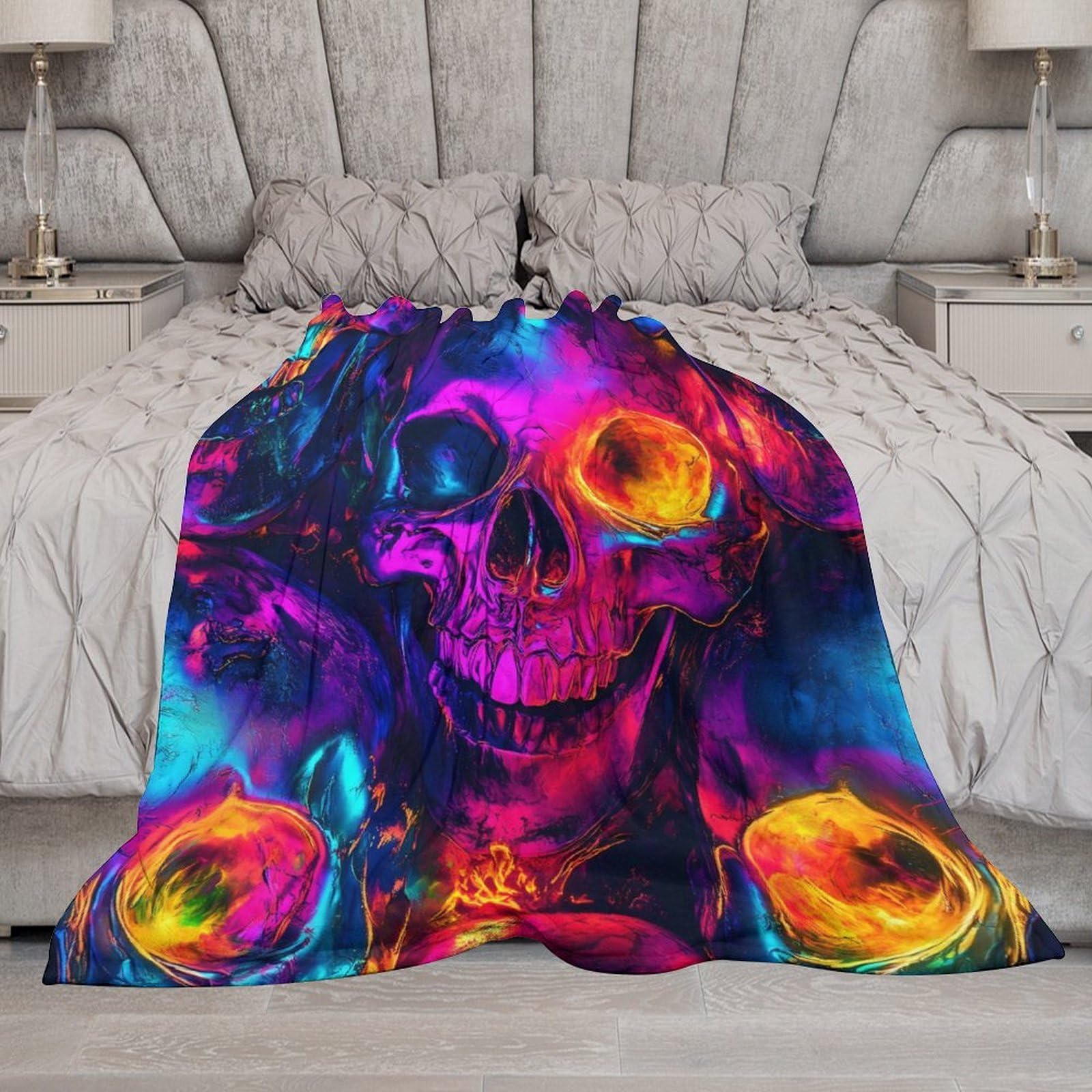 Coperta leggera con teschi colorati al neon per letto, divano, morbida flanella coperta grande calda in peluche 127 x 178 cm