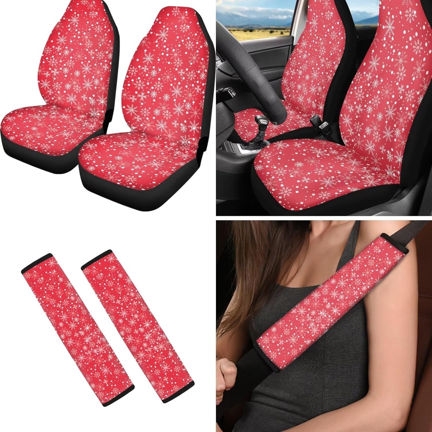 8 Pieces Christmas Car Interior Accessories Sets Snowflake Car Seat Cover Armrest Box Pad Steering Wheel Cover Cup Coaster Soft Belt Protector