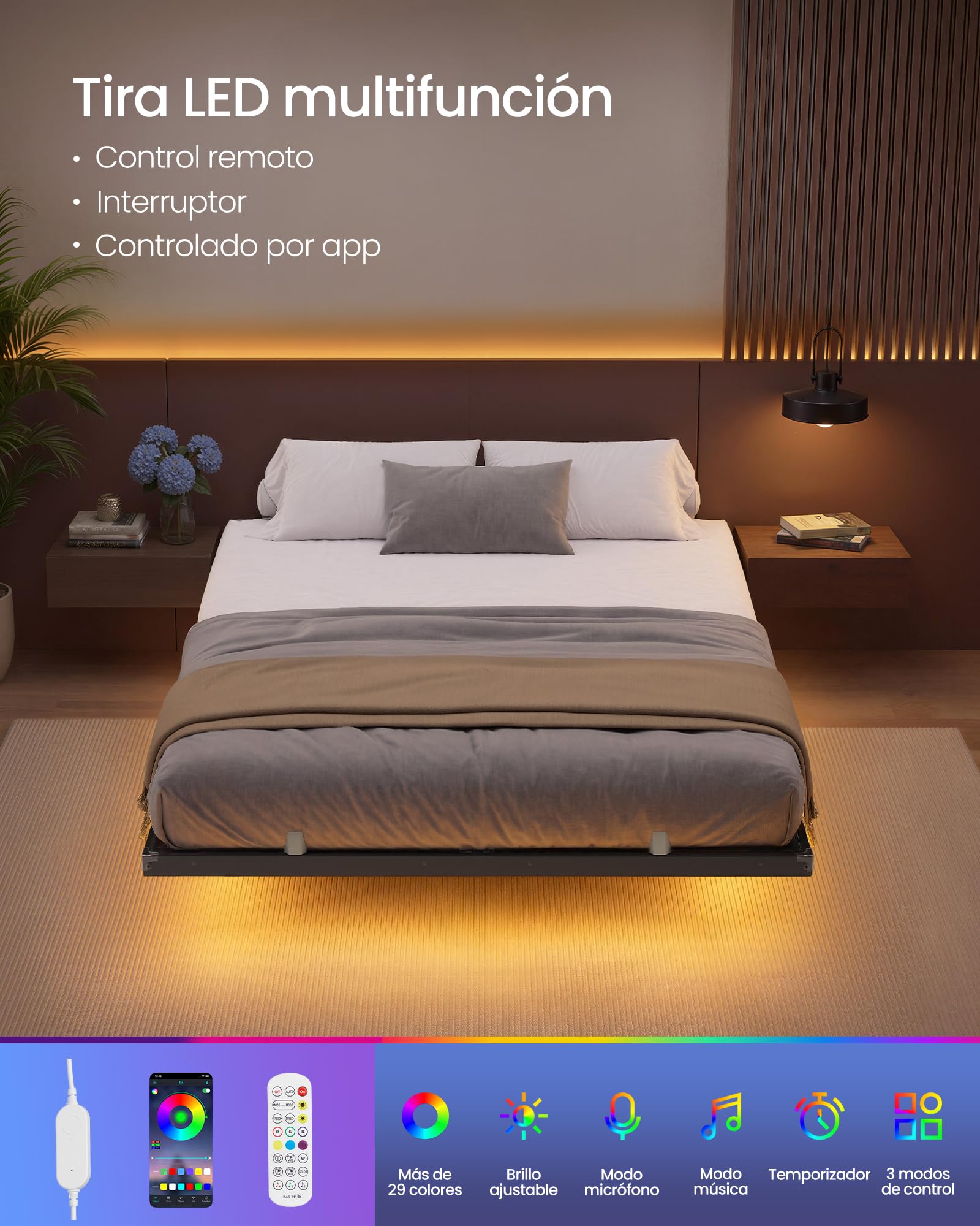 VASAGLE Marco de Cama 140 x 200 cm, Luces LED, Estación de Carga Extraíble, 2 Tomas CA, 1 Puerto USB-C, 1 Puerto USB-A, 1 en Posterior, Soporta hasta 500 kg, Negro Tinta RMB174B101