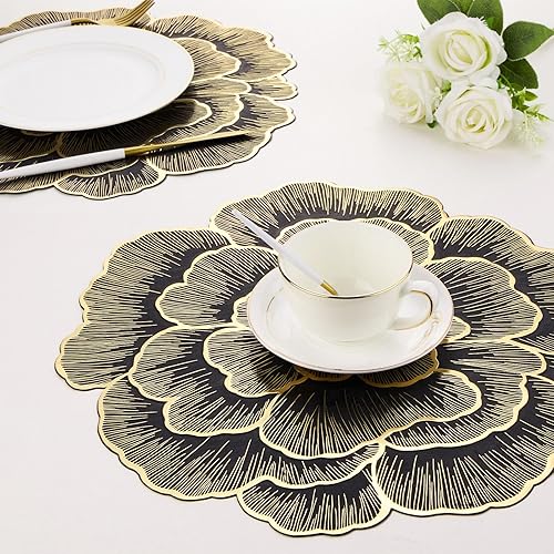 Miniatura 5 de Juego de 6 manteles individuales dorados con flores para mesa de comedor, manteles individuales redondos de vinilo prensado metálico de 15 pulgadas