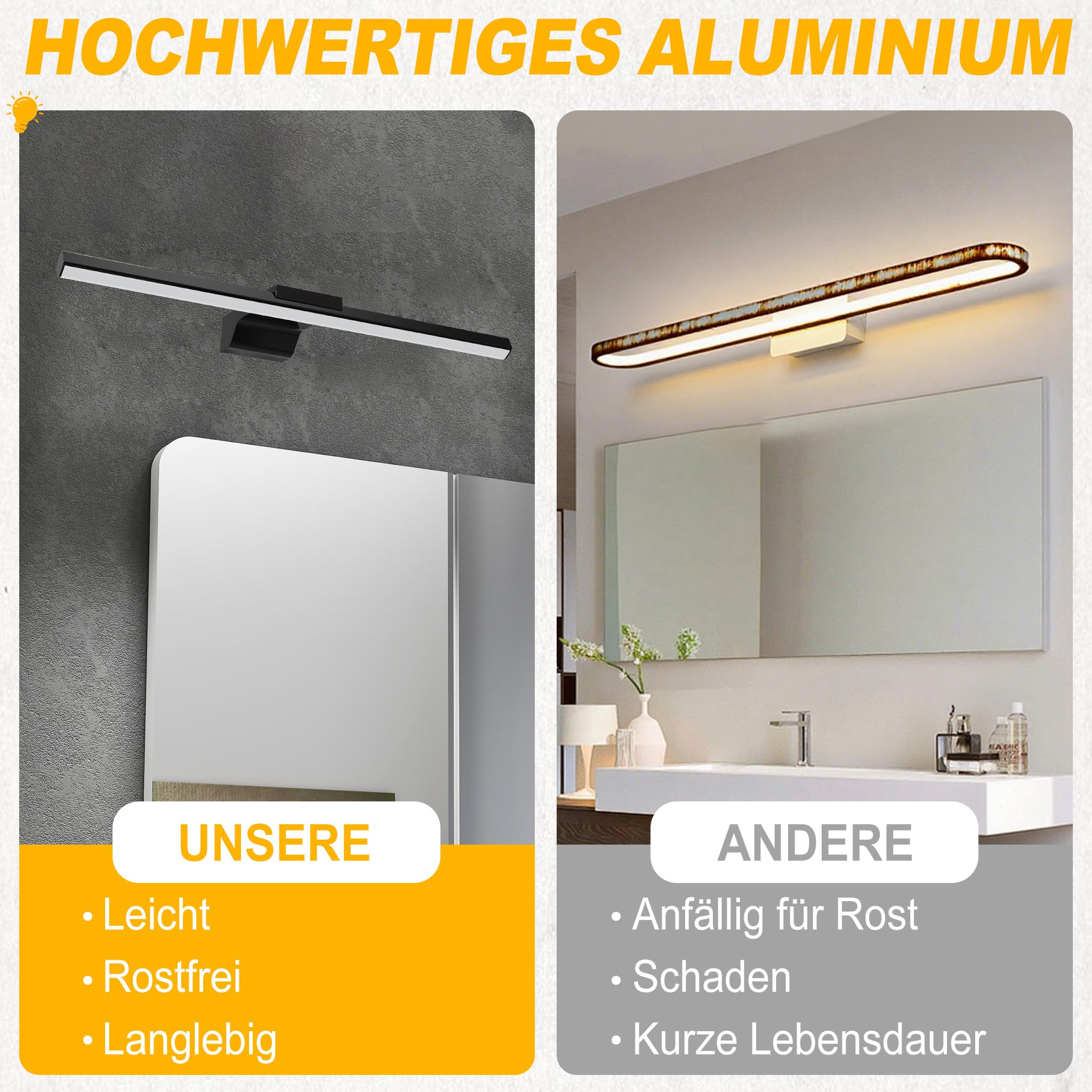 UISEBRT 15W 60cm Spiegellampe Badezimmer, Badlampe Wand, Spiegelleuchte Bad mit 1050LM, Schwarz Badezimmer Lampe Modern IP44 Schrankleuchte für Wandbeleuchtung und Spiegel Beleuchtung, Typ B Warmweiß