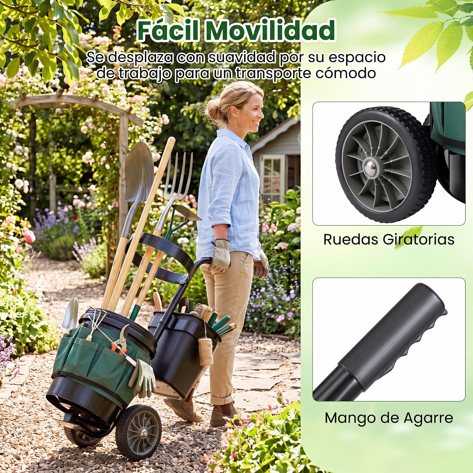 COSTWAY Carro de Jardín para Herramientas, Carrito de Transporte de Jardinería con 2 Cubos Desmontables, Bolsas de Tela Oxford, Estructura de Metal, Carretilla de Utensilios para Exterior