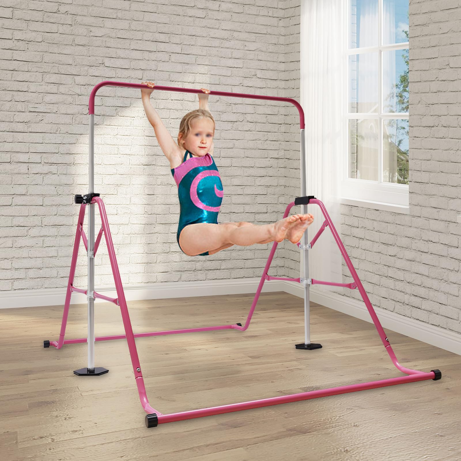 Barra plegable ajustable de gimnasia con bandeja de barra horizontal multifuncional para entrenamiento en casa para niños, color rosa, 107 x 148 cm