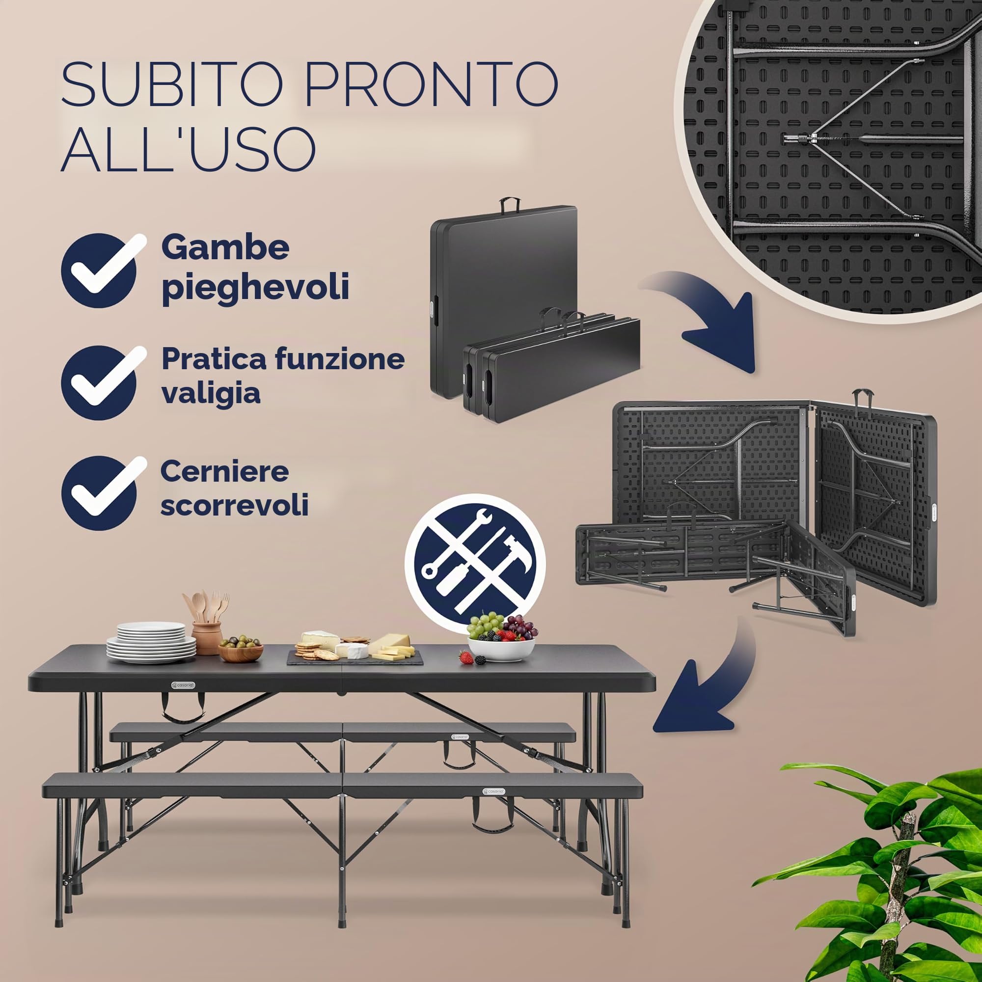 Casaria® Set da Birreria Pieghevole in Plastica con Maniglia Tavolo 2x Panca 3 Pezzi 180cm Campeggio Giardino Sagra
