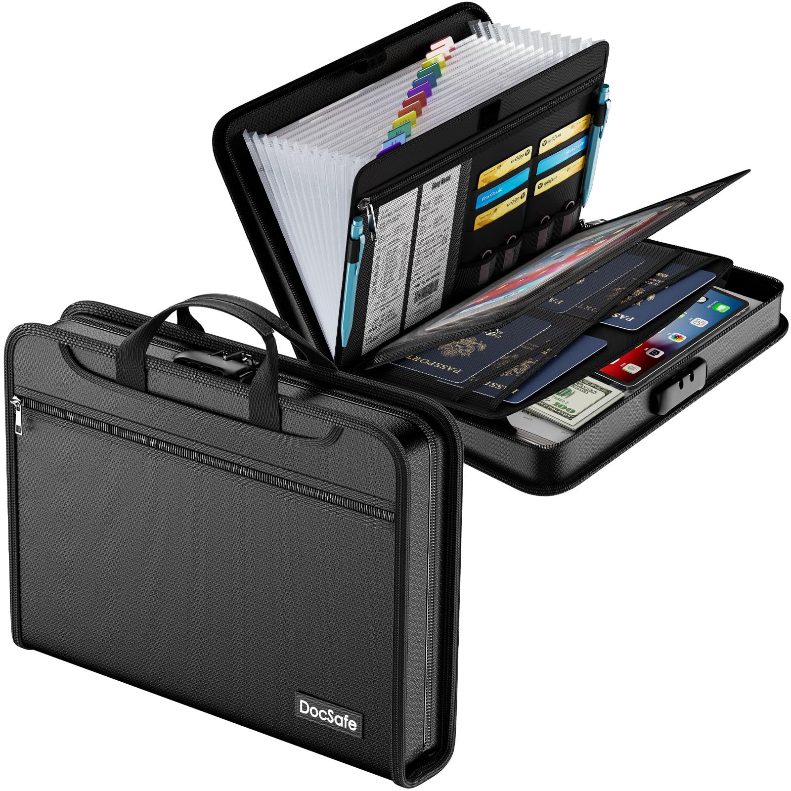 DocSafe Accordion File Organizer with Combination Lock,Fireproof Water Resistant Expanding File Folder with Multi Pockets,Document Organizer Home Office Travel Safe Storage for Letter Size Files,Black