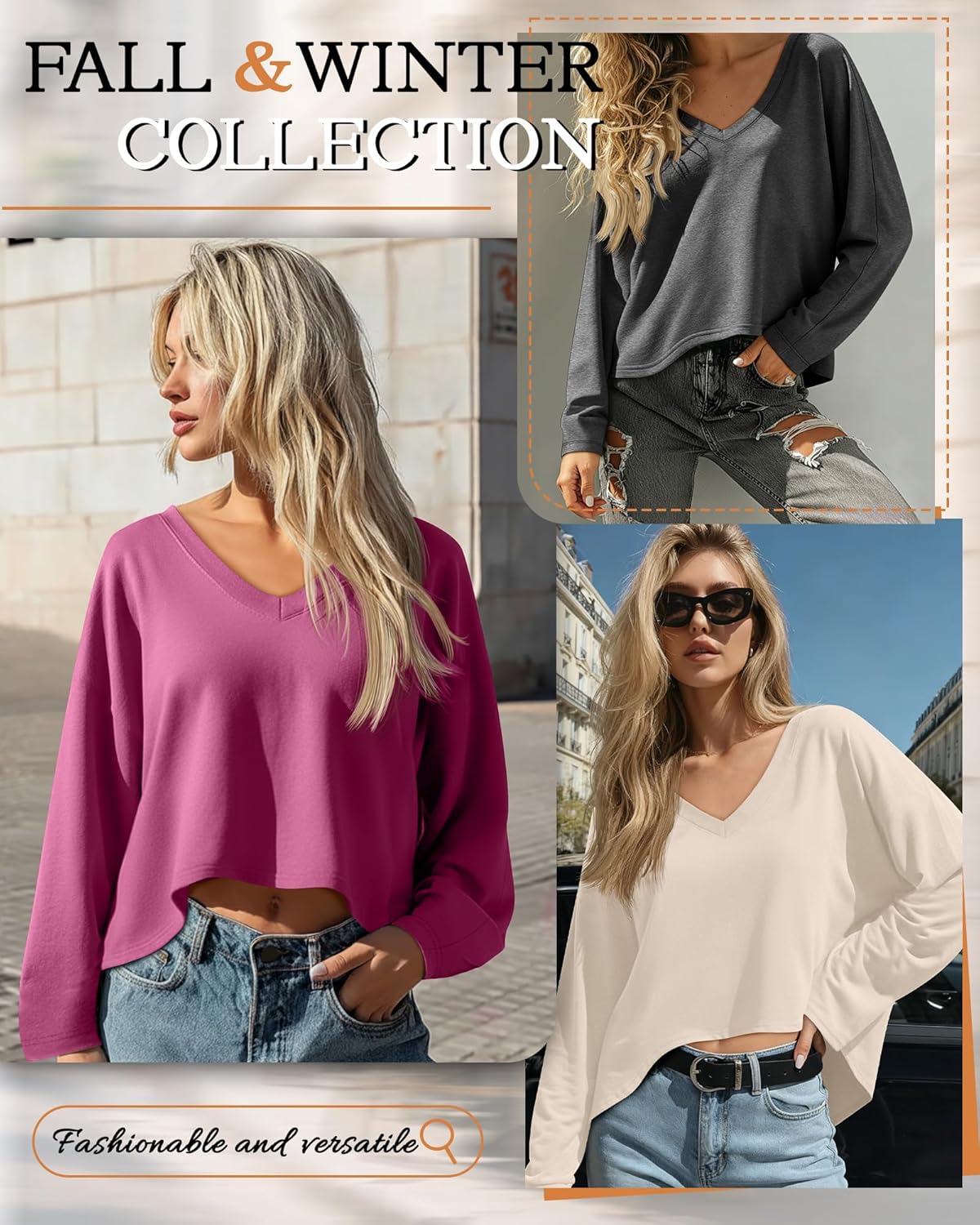 4 Pack Oversized Cropped T Shirts for Women V Neck Long Sleeve Crop Tops Loose Casual Basic Tees Irregular Hem - Image 4