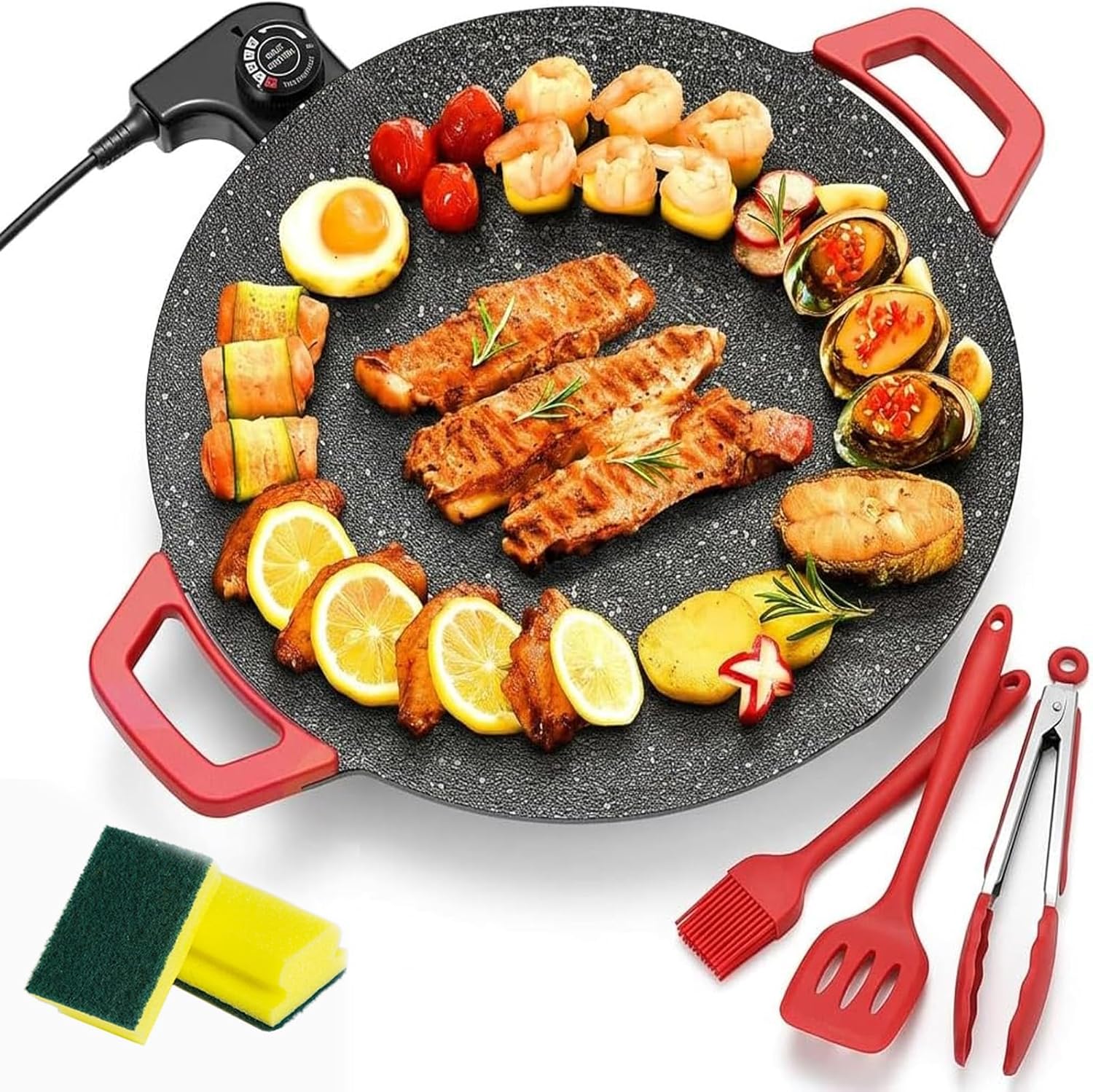 Indoor Smokeless Electric Grill Set, Nonstick Tabletop Korean Grill for Indoor Cooking, Steaks Burgers Pancakes BBQ, Includes Oil Brush & Food Tongs (14in)