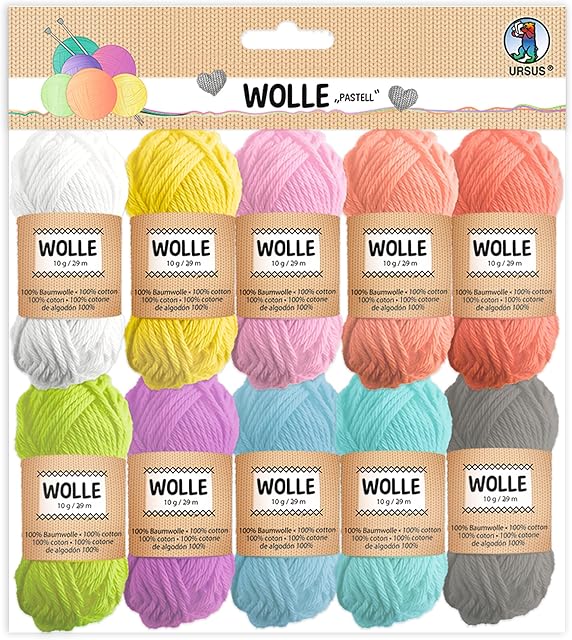 Ursus Pastel Wool 100% Cotton Balls g / 29 m in 10 Colours for Knitting, Crocheting and Small Craft Projects, One Size