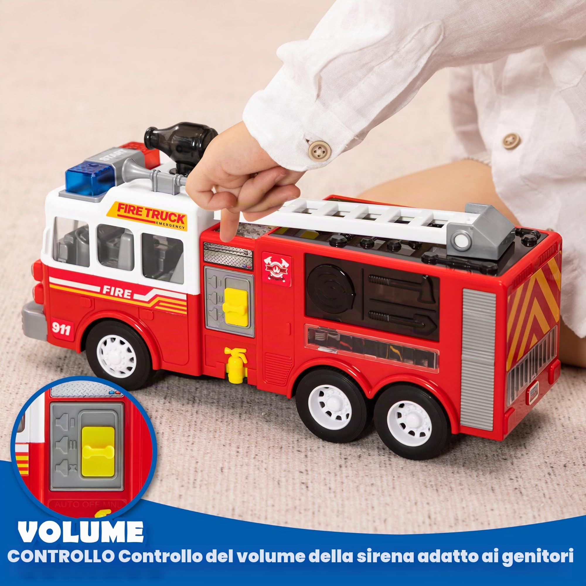 JOYIN Camion dei pompieri a LED, giocattolo per bambini, proiezioni a LED e sirene, camion dei pompieri con interruttore di modalità e controllo del volume, giocattolo per ragazzi e ragazze