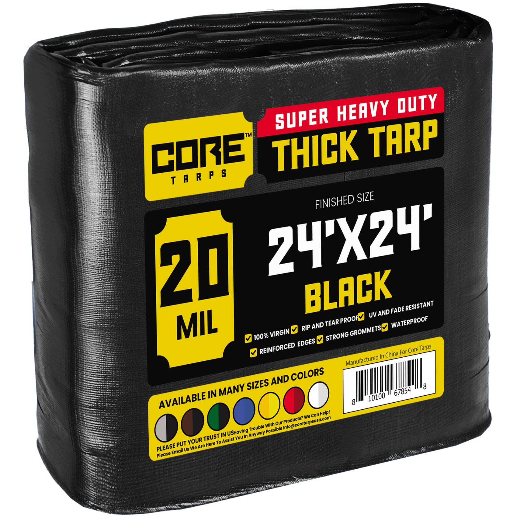 Core Tarps Extreme Heavy Duty 20 Mil Tarp Cover, Waterproof, UV Resistant, Rip and Tear Proof, Poly Tarpaulin with Reinforced Edges for Roof, Patio, Pool, Boat (Black 24′ X 24′)