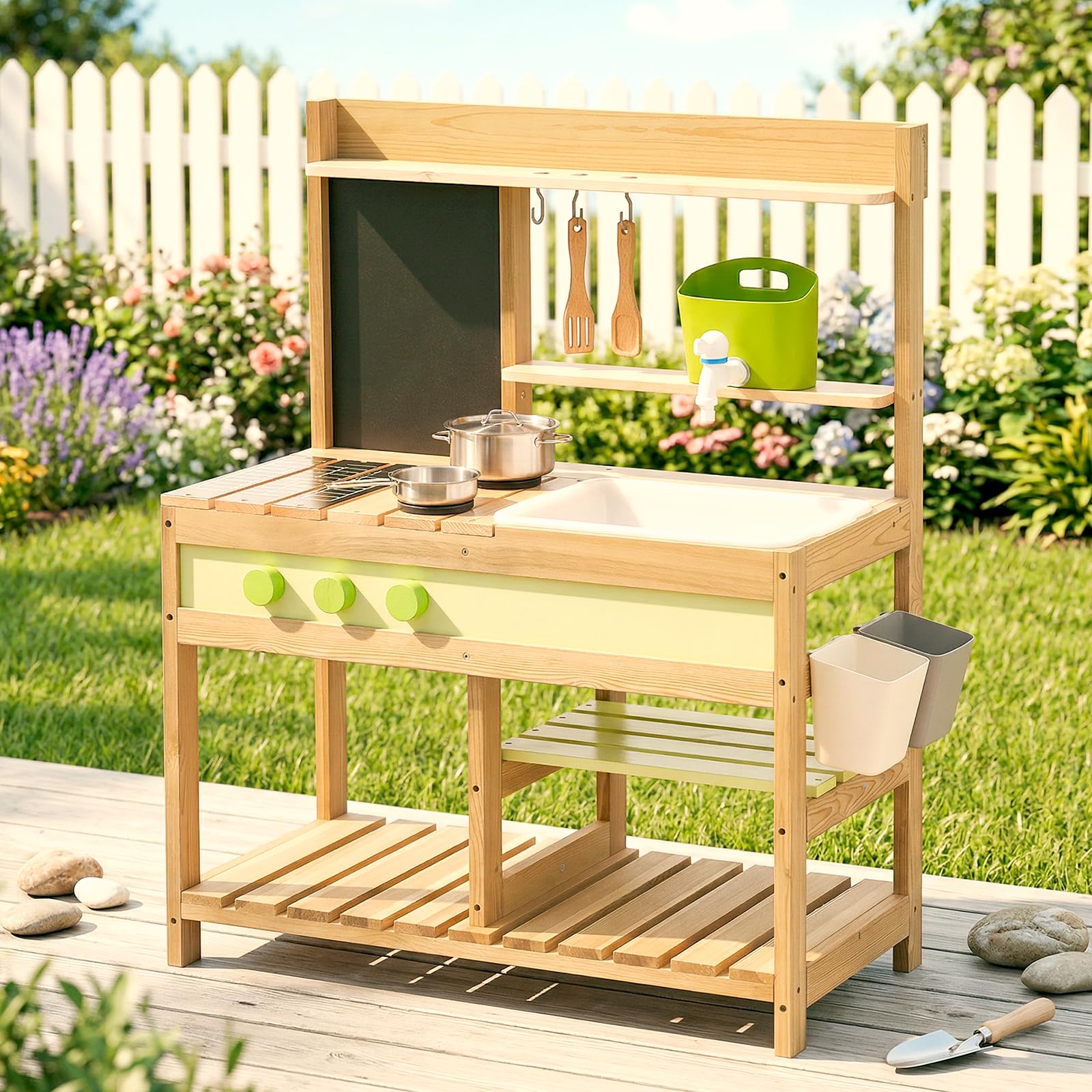 Gaint Bean Outdoor-Matschküche aus Holz für Kinder von 3-8 Jahren | Spielküchen-Set für Jungen und Mädchen – Innen- und Außenaktivitäten mit Wasserspüle