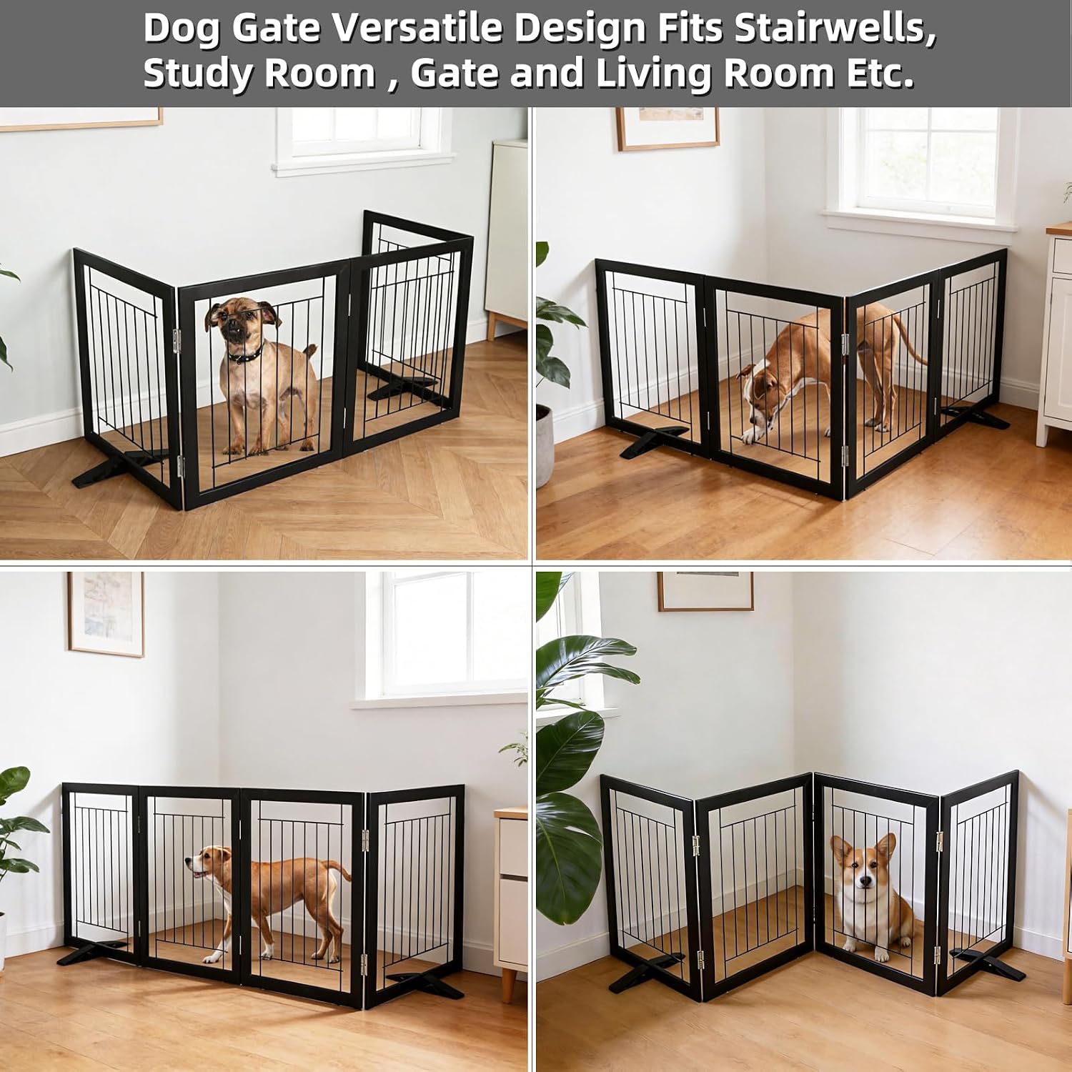ZJSF Freestanding Dog Gate Indoor, Foldable Dog Fence for Doorways,Hallways or Stairs, Sturdy Wood Extra Wide Pet Gate with Support Feet,Black,24 "Height-4 Panels