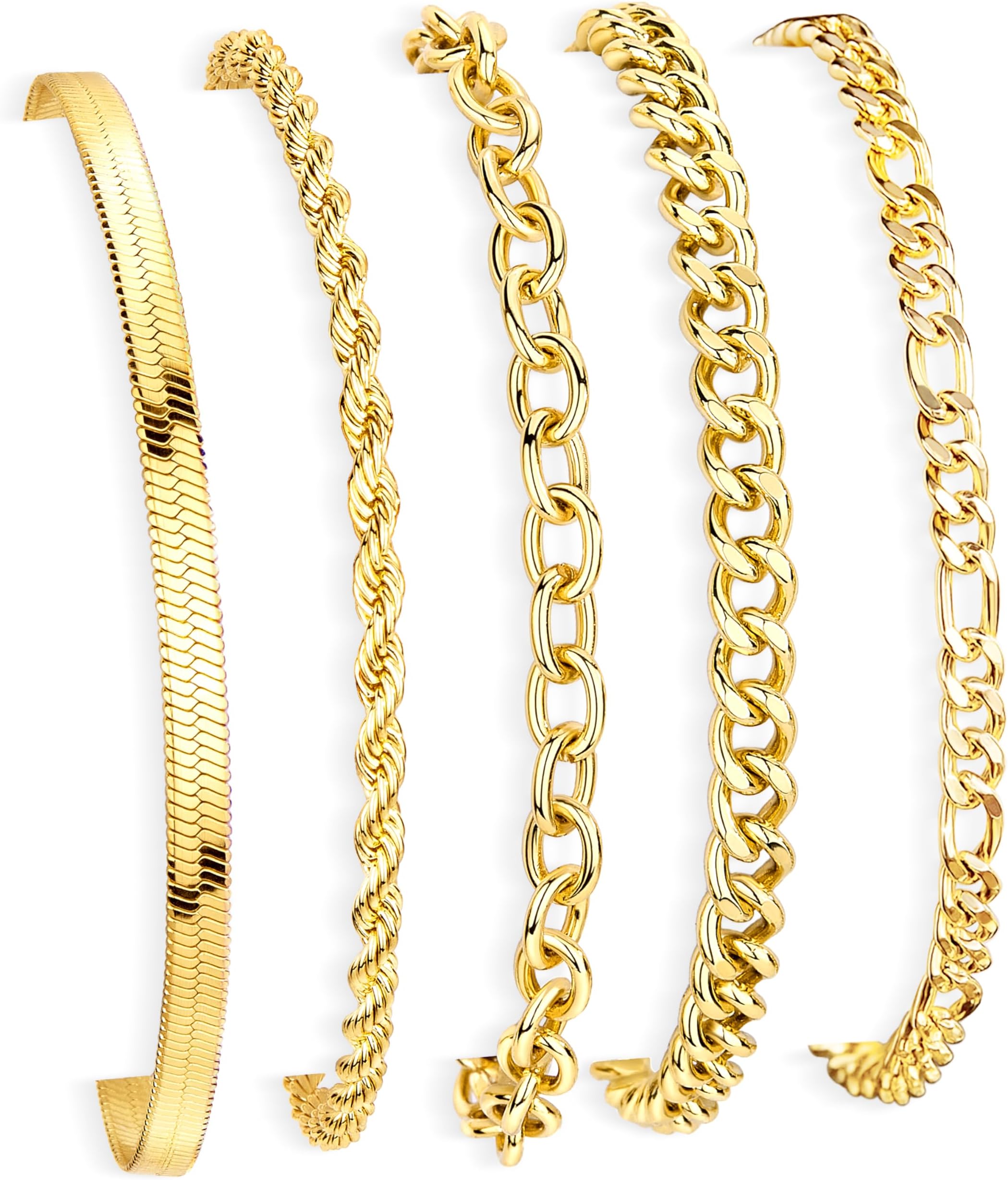 14K Gold Plated Bracelets for Women Waterproof, Non Tarnish Trendy Dainty Minimalist Stackable Jewelry Sets, Herringbone Cuban Paperclip Rope Bead Link Chain Stack Pack, Modern Fashion Accessories Gifts