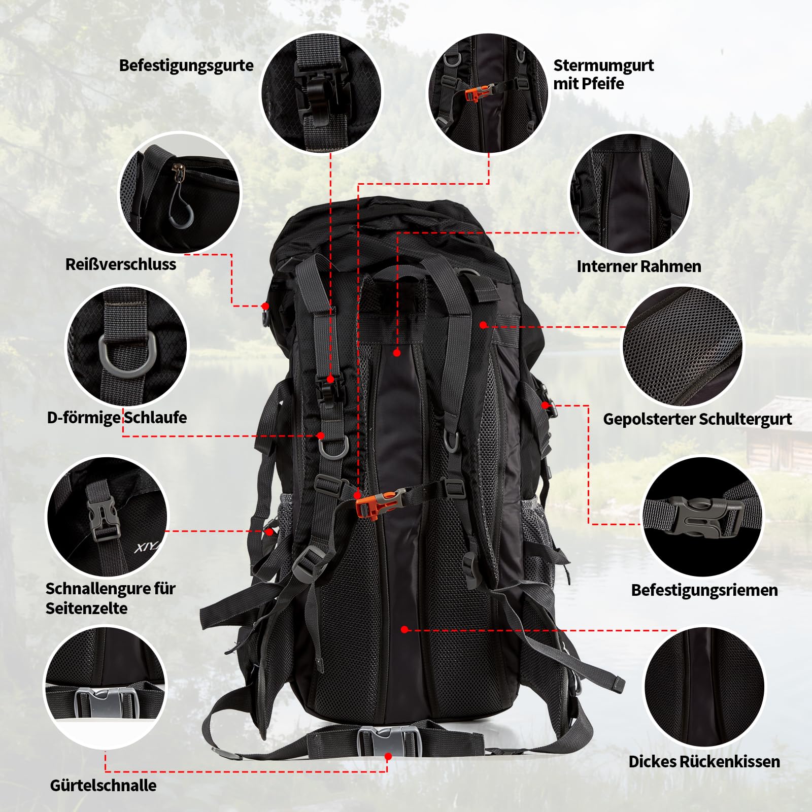 Wanderrucksack 60L Wasserdicht mit Regenhülle – Trekkingrucksack mit Tragesystem, Trinksystem-Kompatibilität, Schuhfach, Leicht & Ergonomisch für Camping, Wandern & Mehrtagestouren (Schwarz)