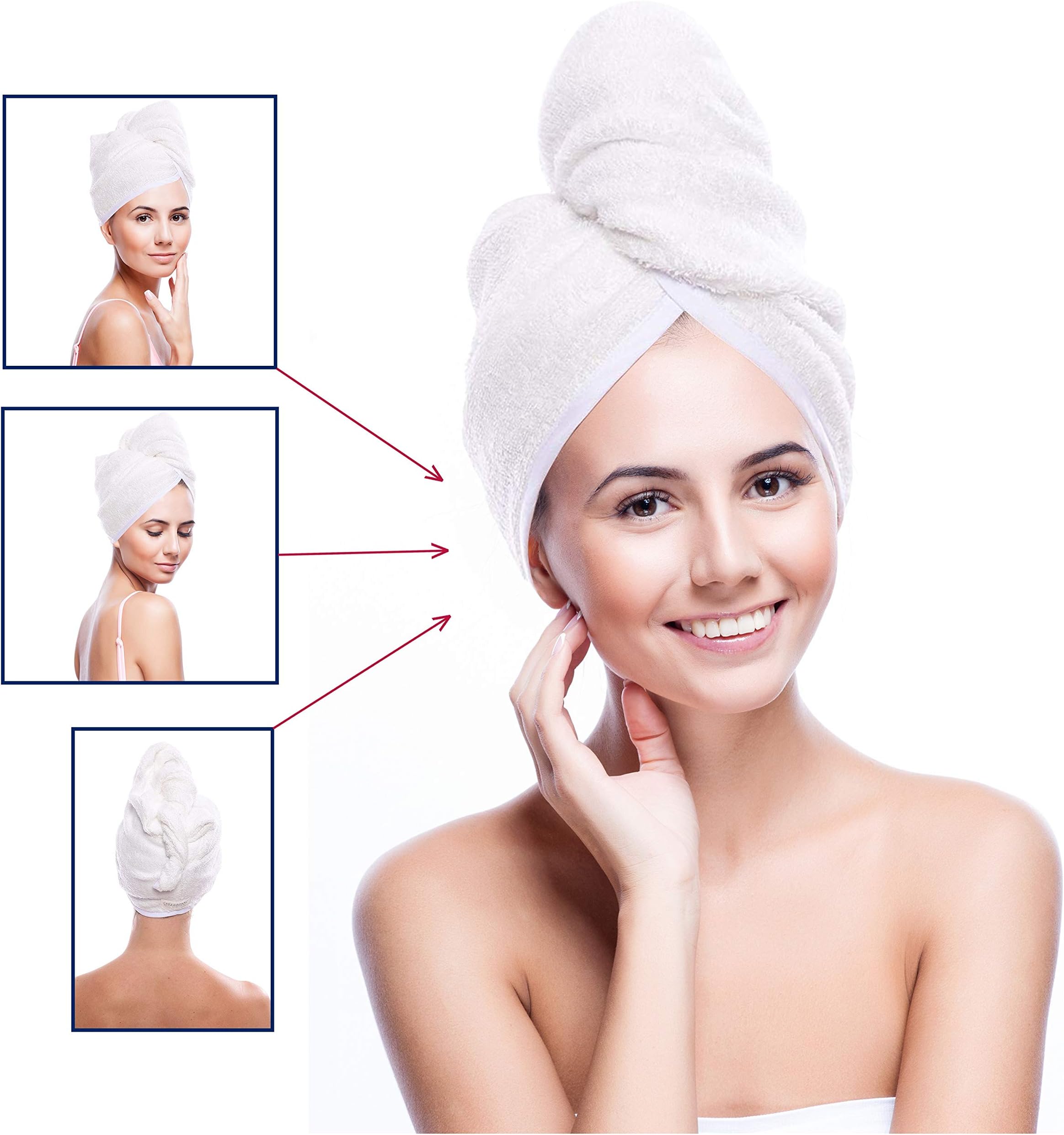 Hair Towel Turban Wrap Microfiber Fast Drying Frizz-Free Tapered Design Bath Shower Head Towel with Buttons Comfortable and Lightweight Compact (White - Pack of 1)