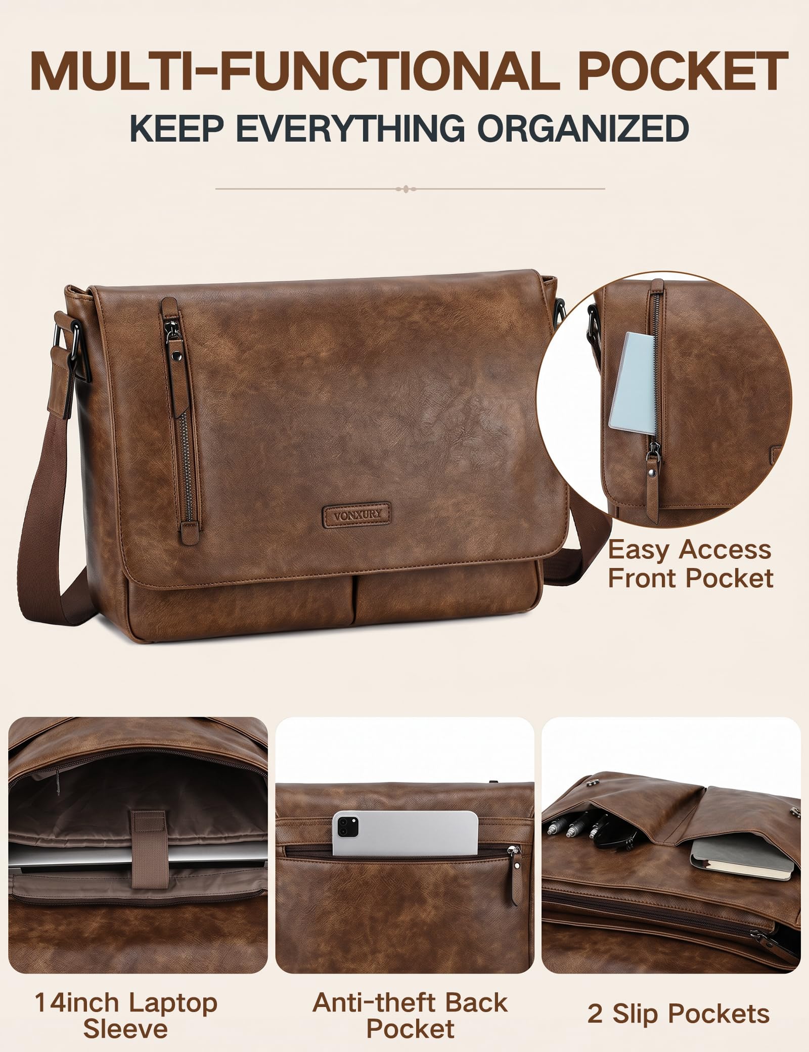 VX VONXURY Umhängetasche Herren und Damen, Vegan Leder 14 Zoll Laptoptasche Messenger Bag Arbeitstasche für Arbeit Schule(Braun)