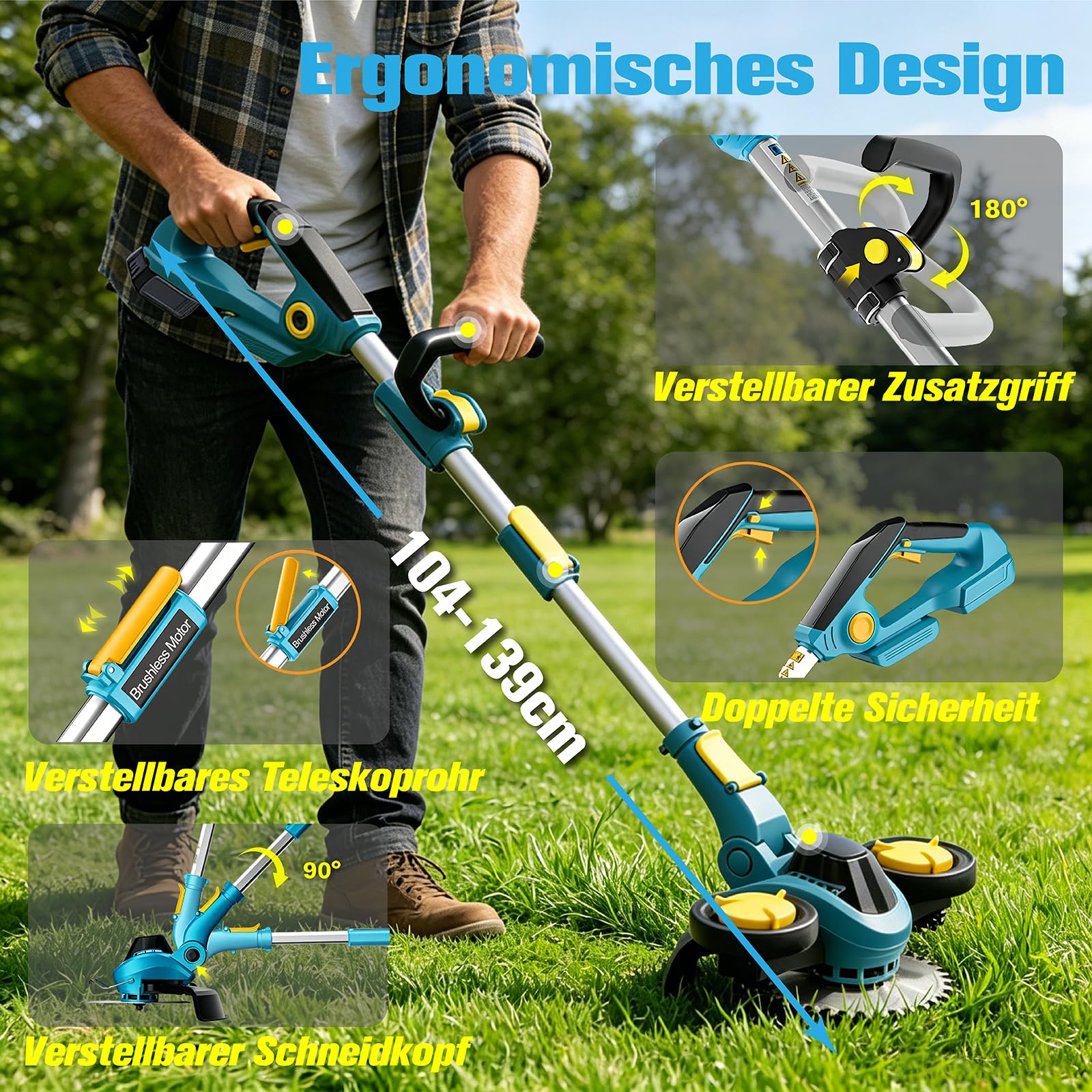 Akku Rasentrimmer für Makita Akkus mit 5 verschiedenen Messertypen | Bürstenloser Elektro Rasenkantenschneider mit Rädern Akku-Motorsense für Garten und Rasen Trimmen (Ohne Akku)