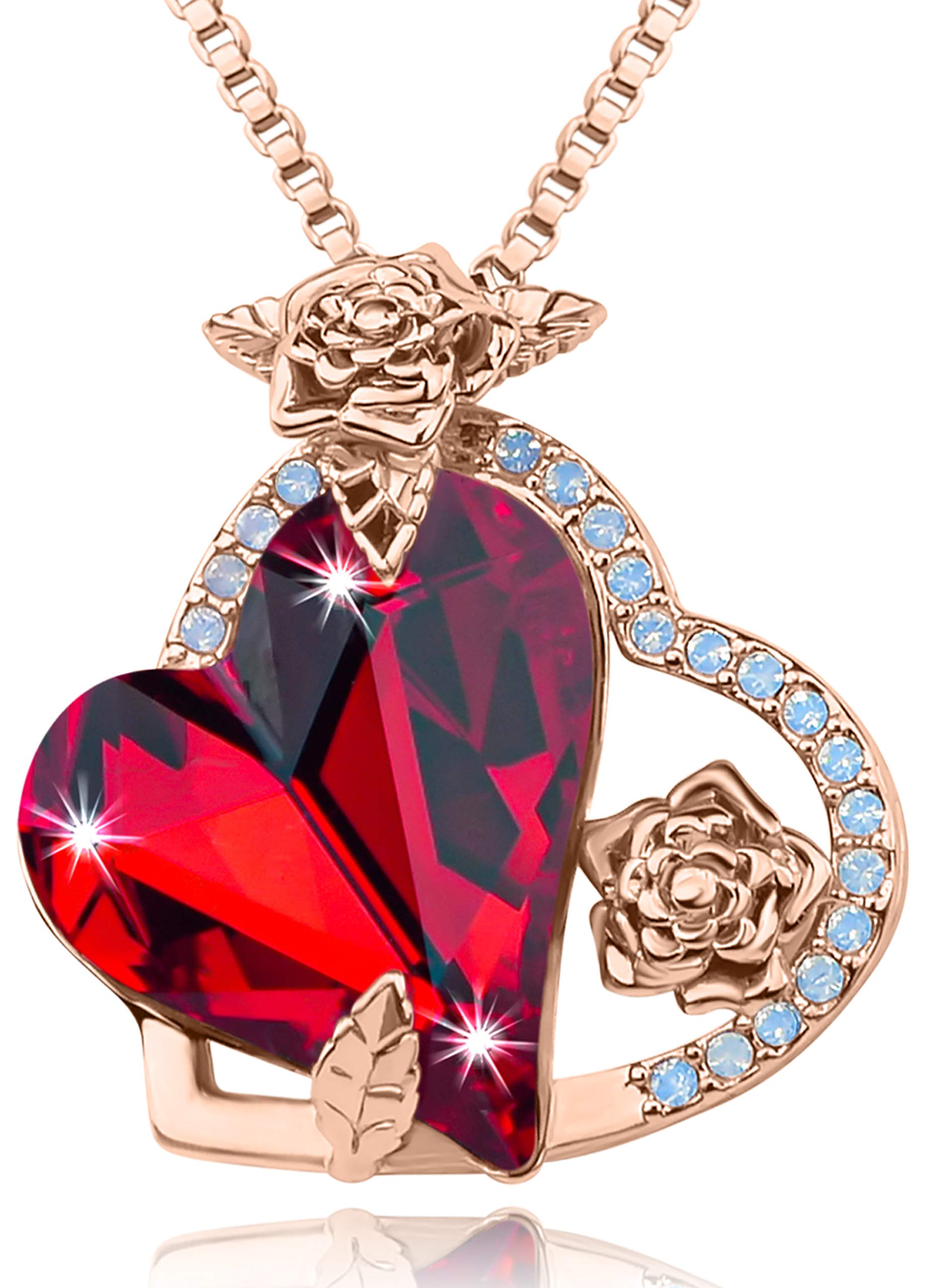 KESHMARK14k Gold Plated/Silver Tone Love Heart Pendant Necklaces with Swarovski Crystal Gemstone Charms Jewelry Gifts for Women Mom/Wife/Sister/Best Friend. 17”+3” (Rose gold_Light Siam Red Crystal)