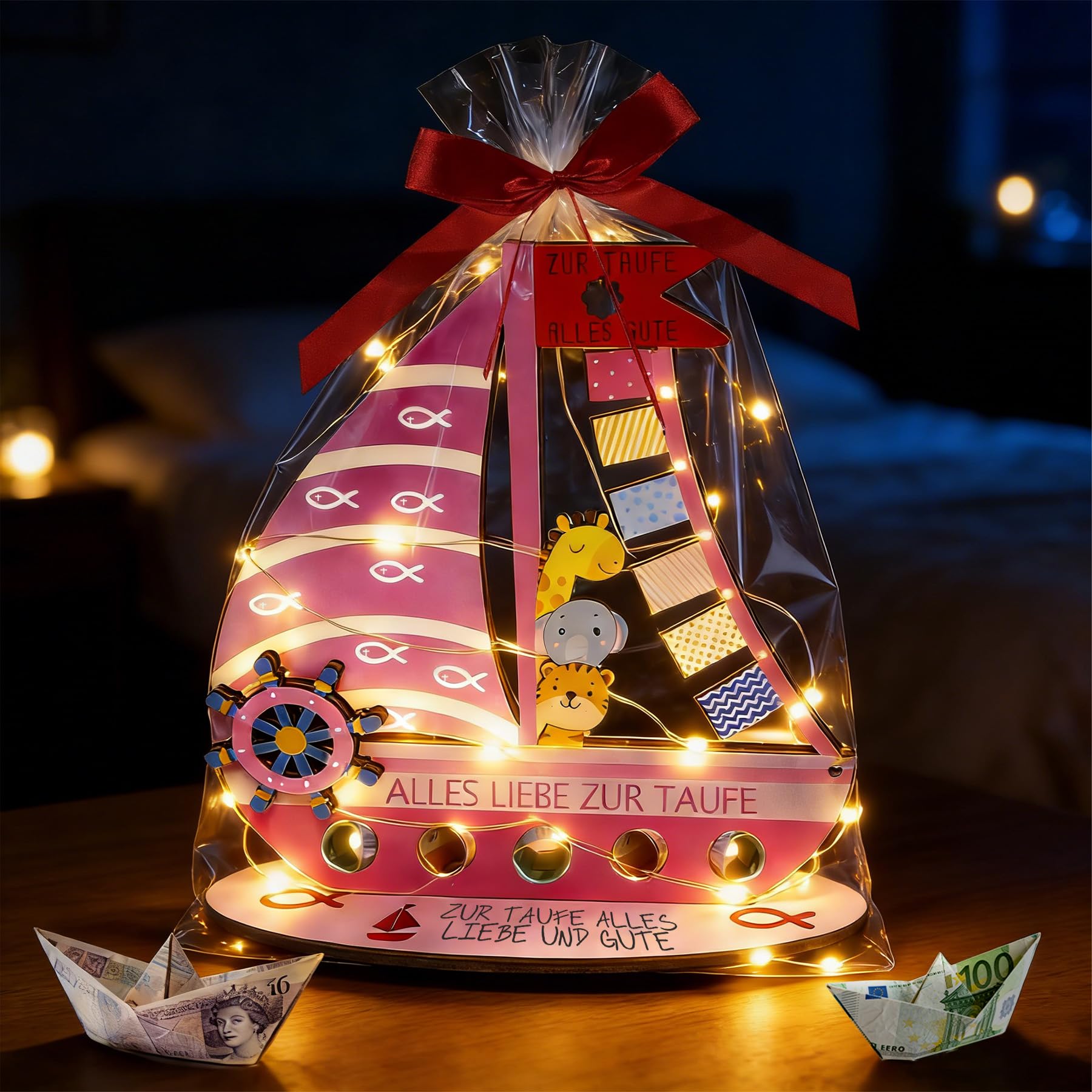 VEEKAY Cadeau en Espèces pour Baptême,avec une Bande LED d'un Mètre de Long et un Ruban,Épaissir Cadeau en Bois de l'Arche de Noé, avec Base pour Naissance Communion l'Anniversaire