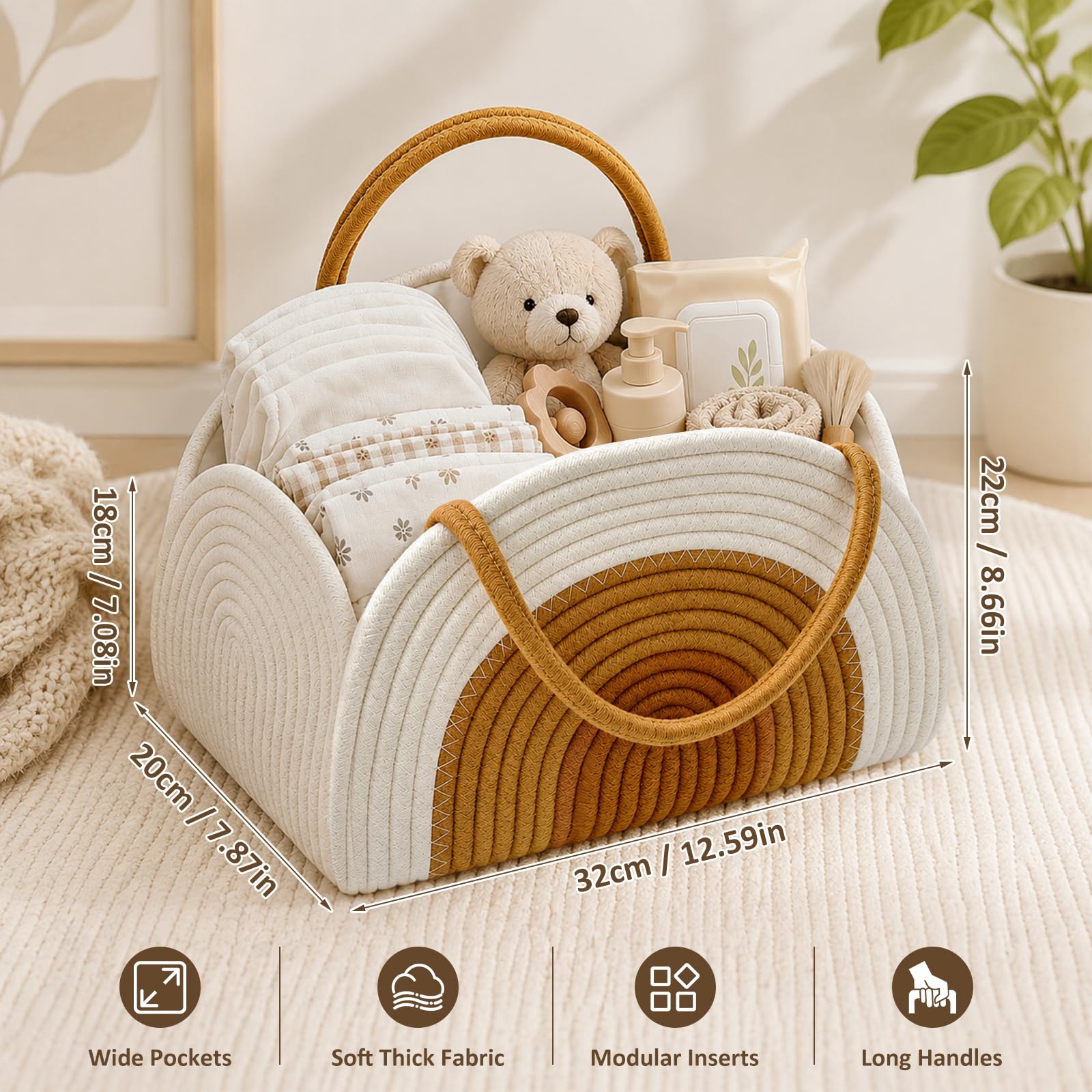 Cestino Porta Pannolini, Portatile Organizer Fasciatoio per Neonati con Divisorio Rimovibile e Manici, Organizer per Pannolini, Organizzatore per Pannolini per Regali Neonati, Bianco Marrone