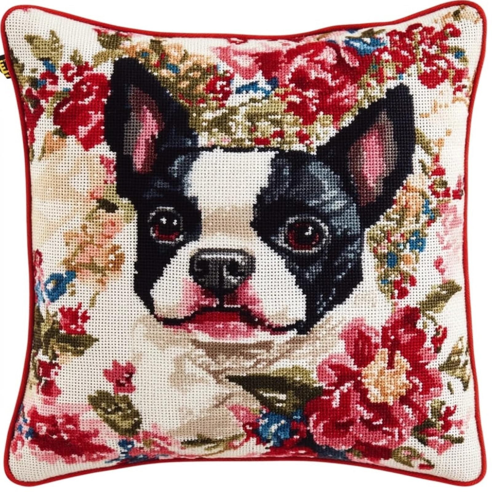 WallustrioaW Cross Stitch Pillow Kit,Boston Terrier in the Flowerbed 18x18in DIY Pillow Cover Kit for Living Room Sewing Art Home Decoration