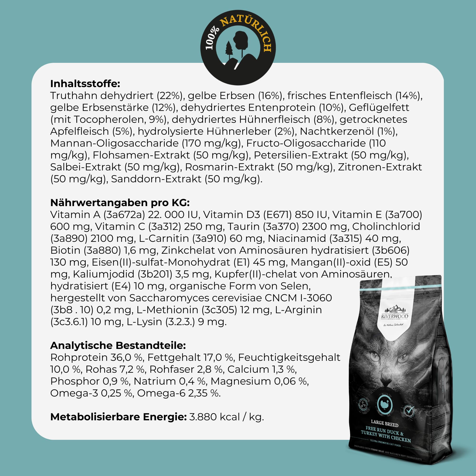 Riverwood Large Breed Katzenfutter | Ente & Truthahn mit Huhn | Ultra Premium Getreidefreies Trockenfutter | Hoher Fleischanteil | für Erwachsene Katzen großer Rassen