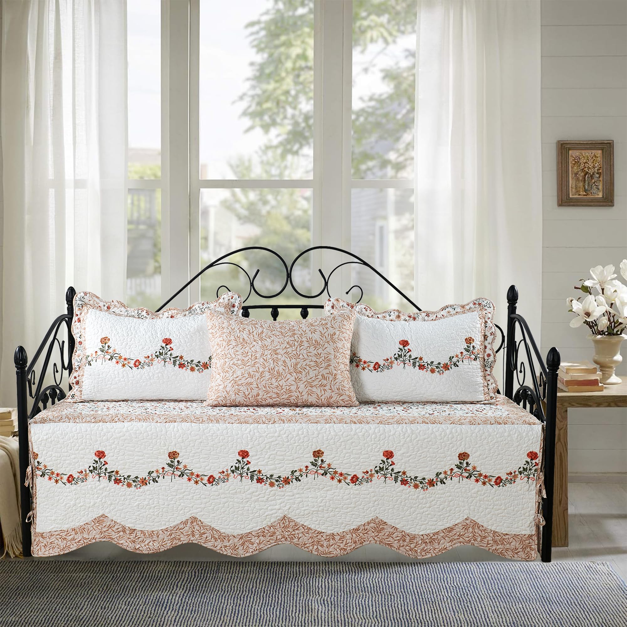 4-Piece Quilted Microfiber Daybed Cover Set with Floral Embroidery, All Season Luxurious Bedding with Matching Shams, 75"x39", Carnation