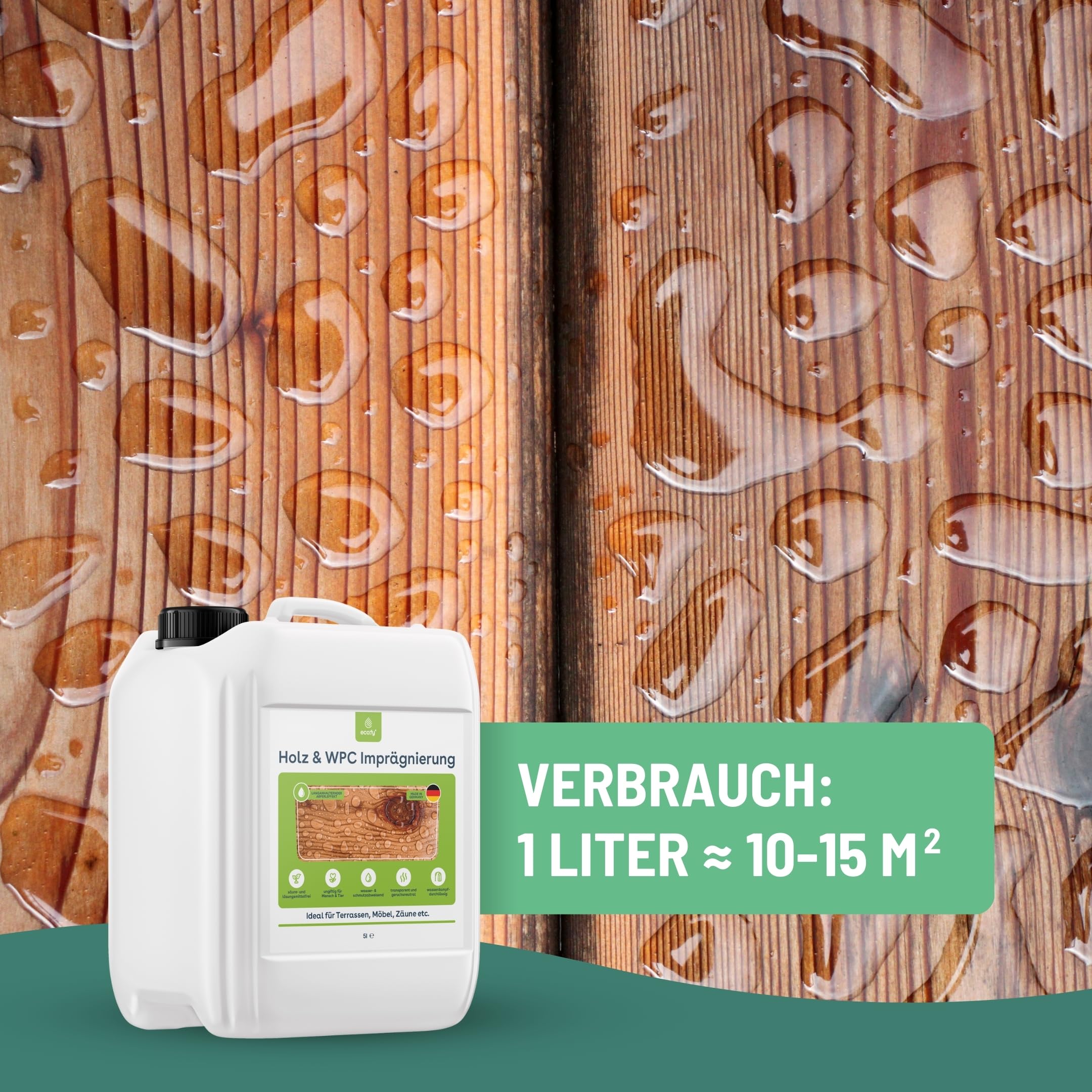 Holz & WPC Imprägnierung farblos 10L - Schutz gegen Grünbelag - Holz Imprägnierung für WPC, Terrassen, Möbel & Zäune - biologisch abbaubar, Lösemittelfrei & PFC-frei - Made in Germany