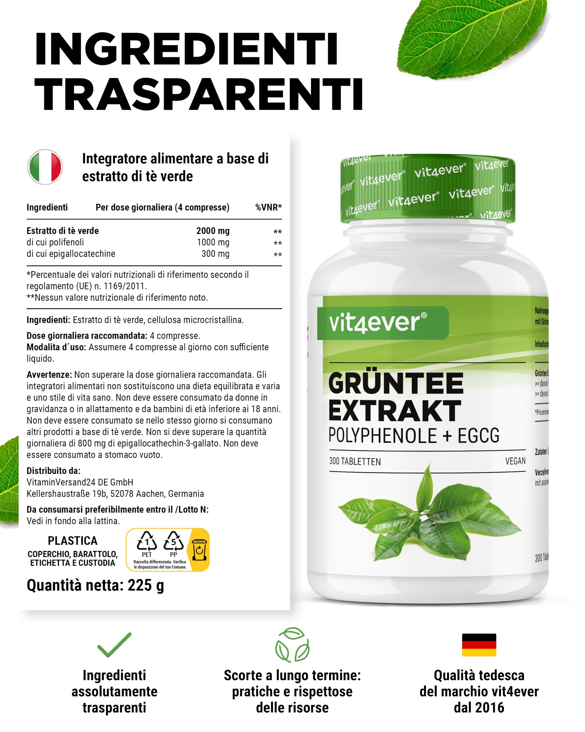 Estratto di Tè Verde 300 Compresse - Alto Dosaggio con 2000 mg di Estratto di Tè Verde, 300 mg di EGCG e 1000 mg di Polifenoli per Dose giornaliera - Green Tea - Vegano - Senza additivi inutili