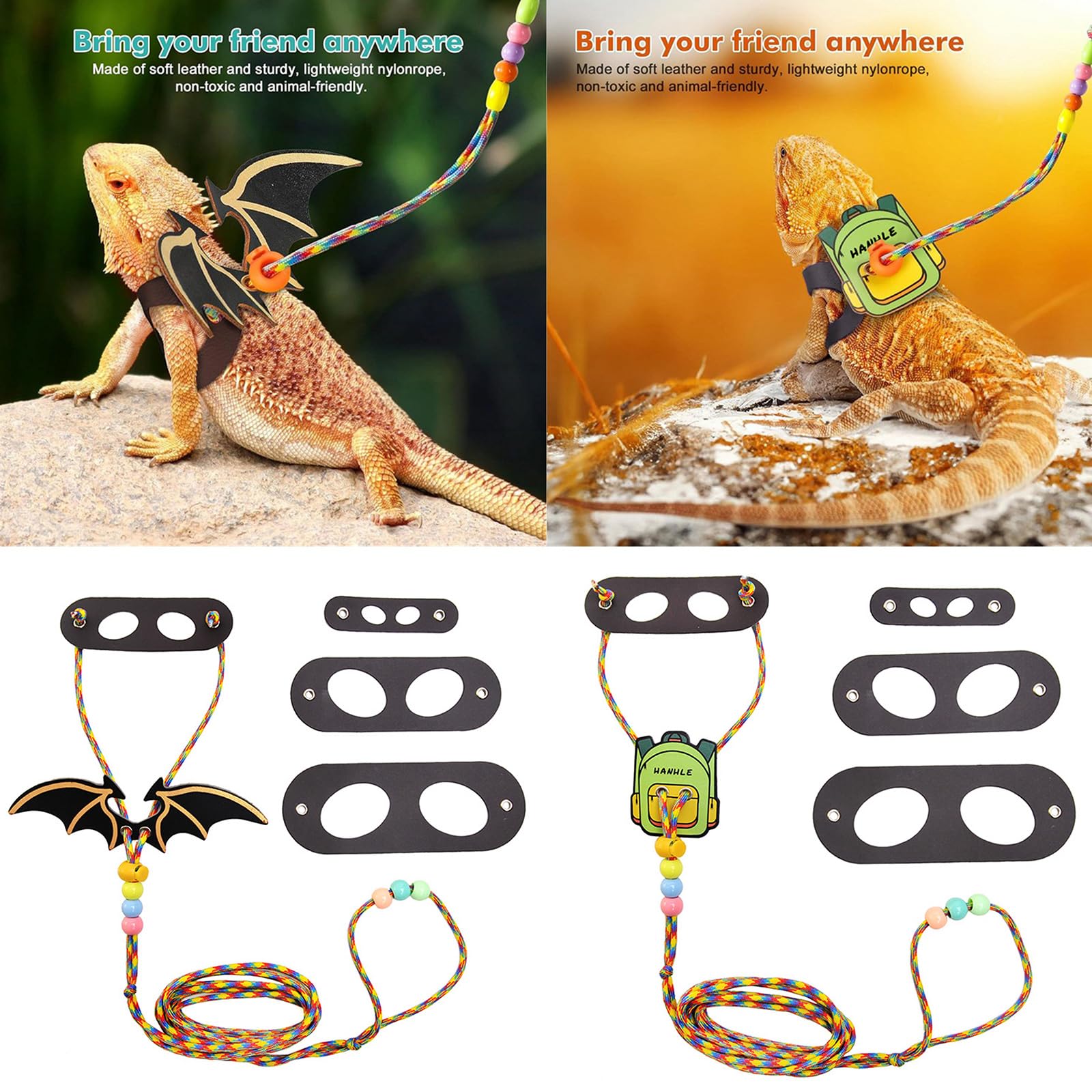 EscapeProof Laisse de lézards réglable pour une marche en plein air sûre Harnais confortable avec aile/sac à dos pour reptiles Laisse réglable Dragon barbu