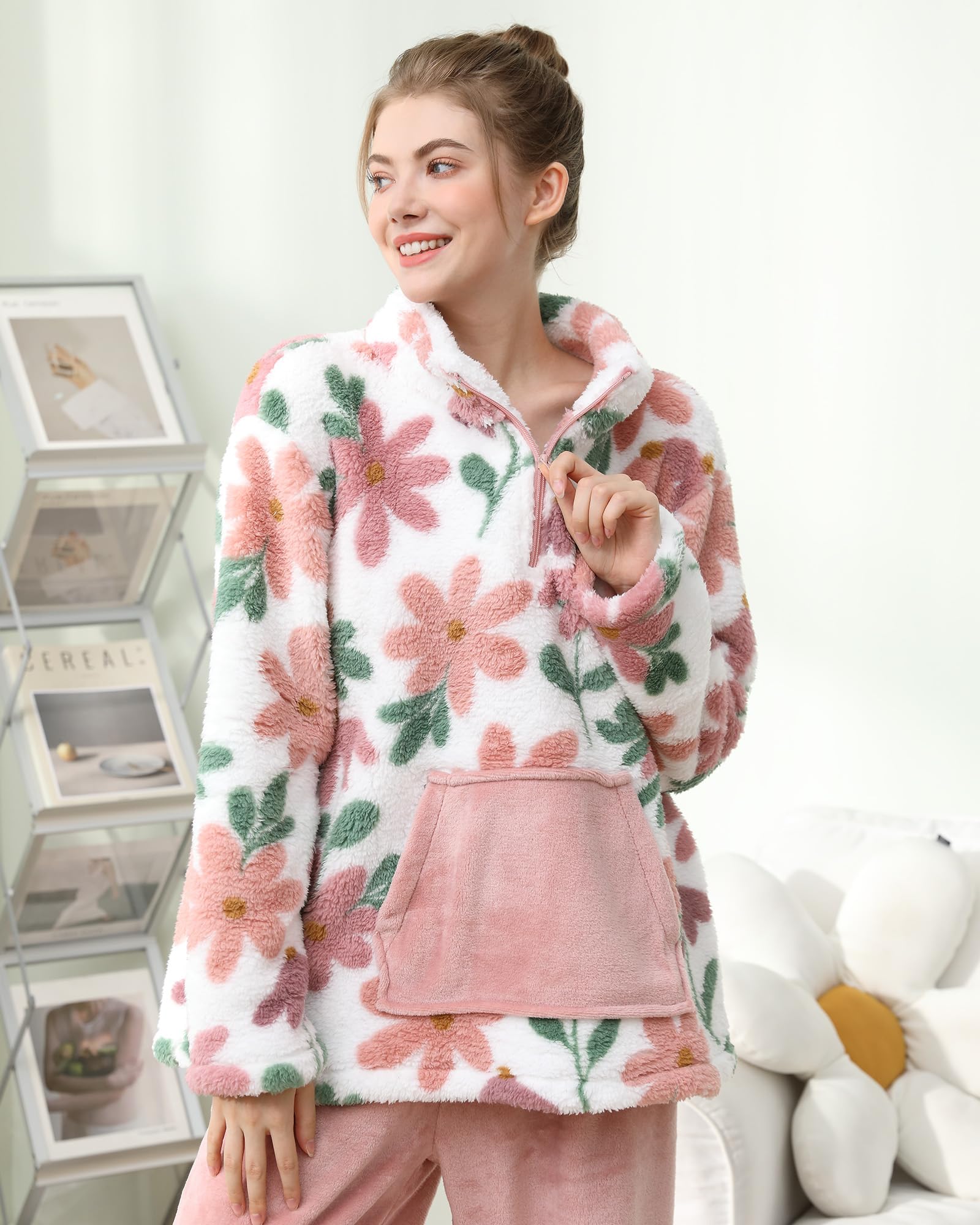 Pyjama 2 pièces en polaire pelucheuse pour femme - Ensemble de vêtements de nuit chauds - Pull haut et pantalon - Vêtements de nuit pour adolescentes et femmes, rose, L