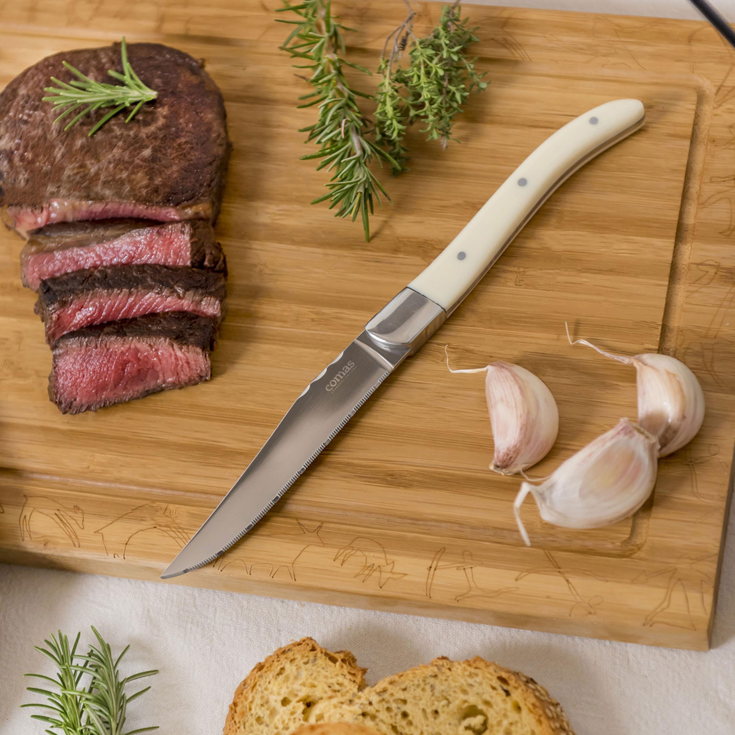 COMAS CHULETEROS HQ Set 6 COLTELLI Steak MICROSEGHETTATO ACR Manico White